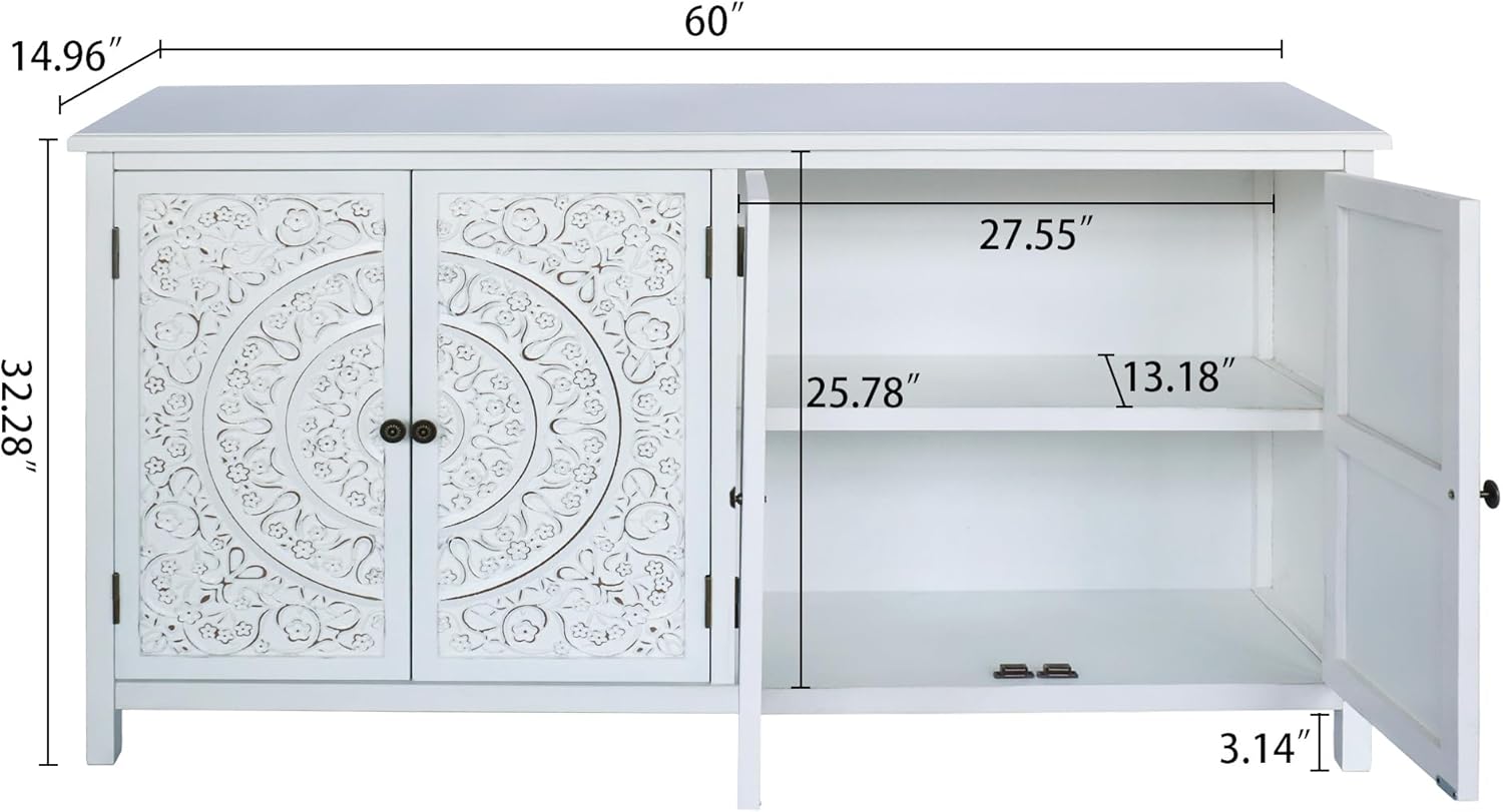 LKTART 60' Vintage Sideboard Buffet Cabinet with 4 Carved Doors, Accent Credenza Storage,Media Console Cabinet, for Entryway,Living&Dining Room, Antique White