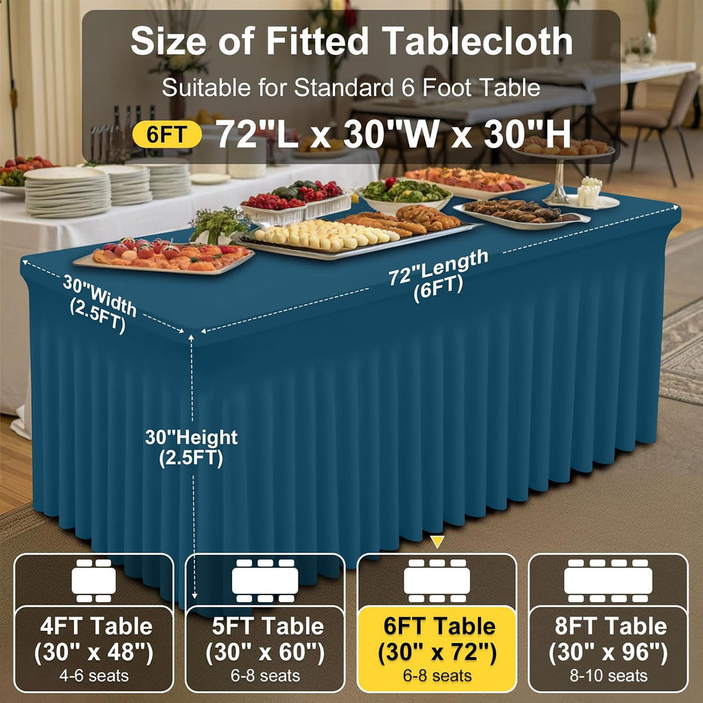Smiry Spandex Tablecloth 6 Pack, Elastic Fitted Stretch Tablecloth for 6FT Rectangle Tables, Waterproof Washable Table Cover Skirt for Wedding, Banquet & Parties (Peacock Blue, 72Lx30Wx30H Inch)