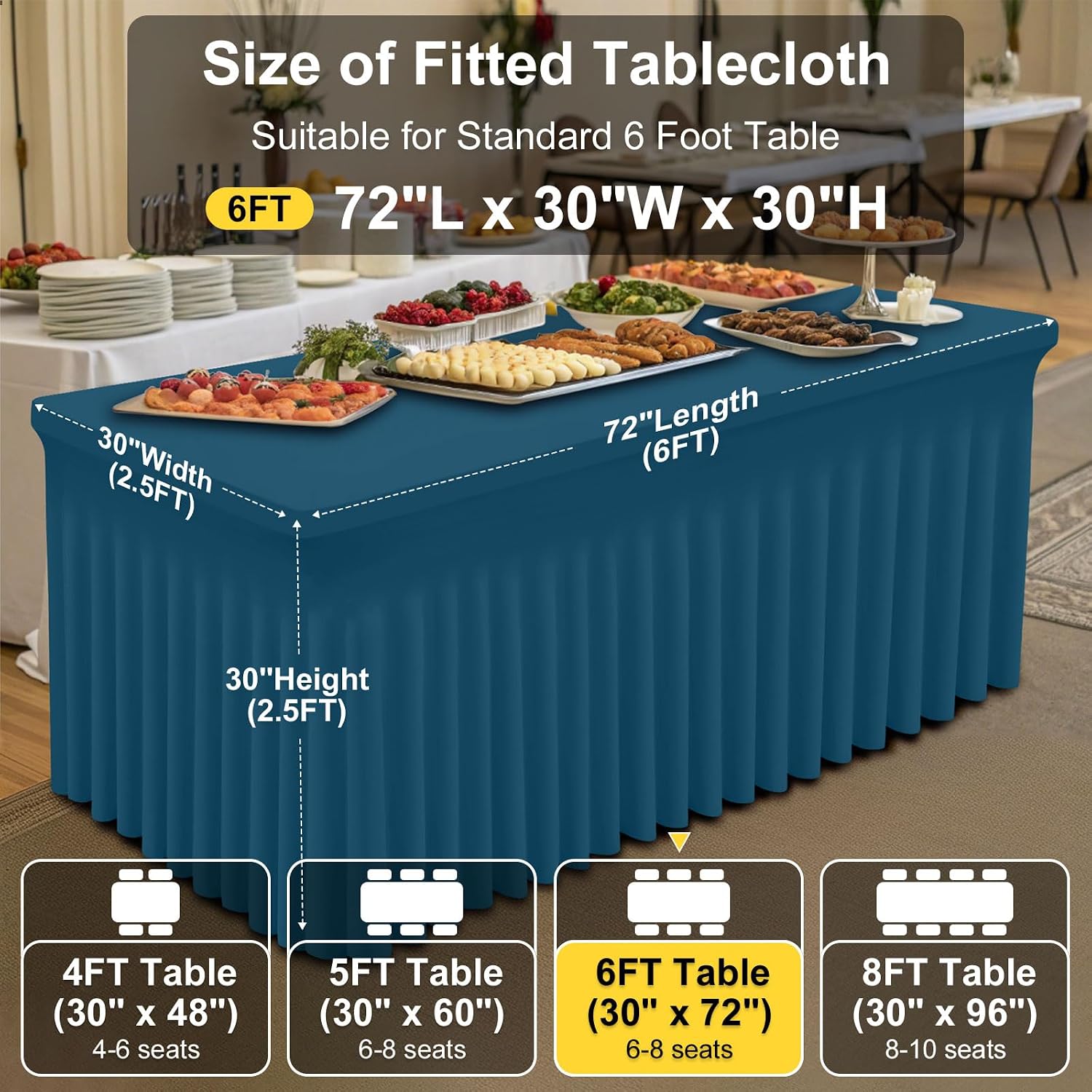 Smiry Spandex Tablecloth 6 Pack, Elastic Fitted Stretch Tablecloth for 6FT Rectangle Tables, Waterproof Washable Table Cover Skirt for Wedding, Banquet & Parties (Peacock Blue, 72Lx30Wx30H Inch)