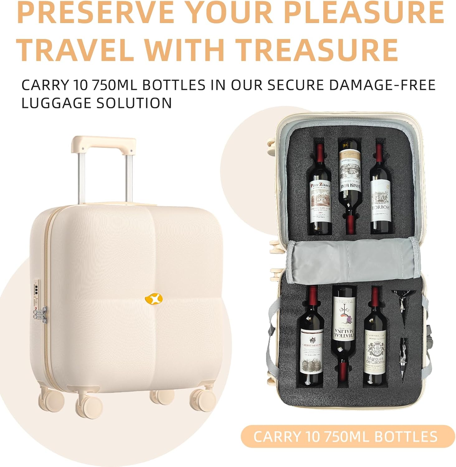 Wine Suitcase - 6 Bottle Travel Case with TSA Lock, Removable Inserts and Silent Spinner Wheels