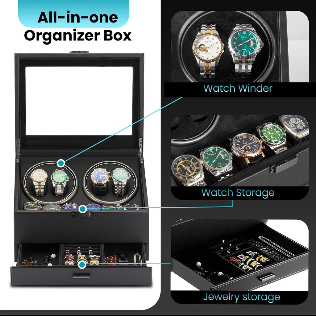 J&T Technology Watch Winder for 4 Automatic Watches, Watch Winder Box with Watch Holders and Jewelry Storage, Quiet Japan-Made Motor,LED Light,Gift for Men & Women