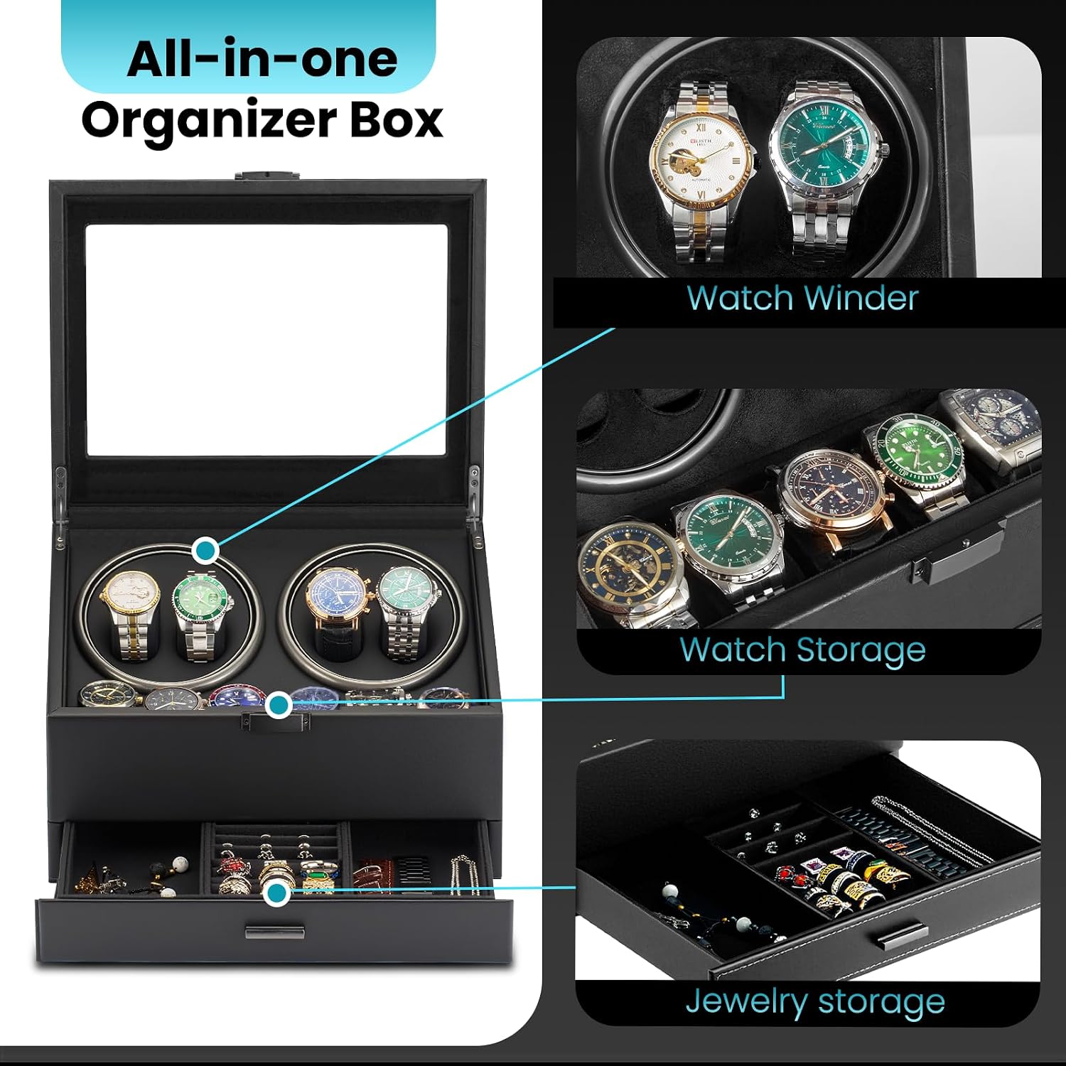 J&T Technology Watch Winder for 4 Automatic Watches, Watch Winder Box with Watch Holders and Jewelry Storage, Quiet Japan-Made Motor,LED Light,Gift for Men & Women