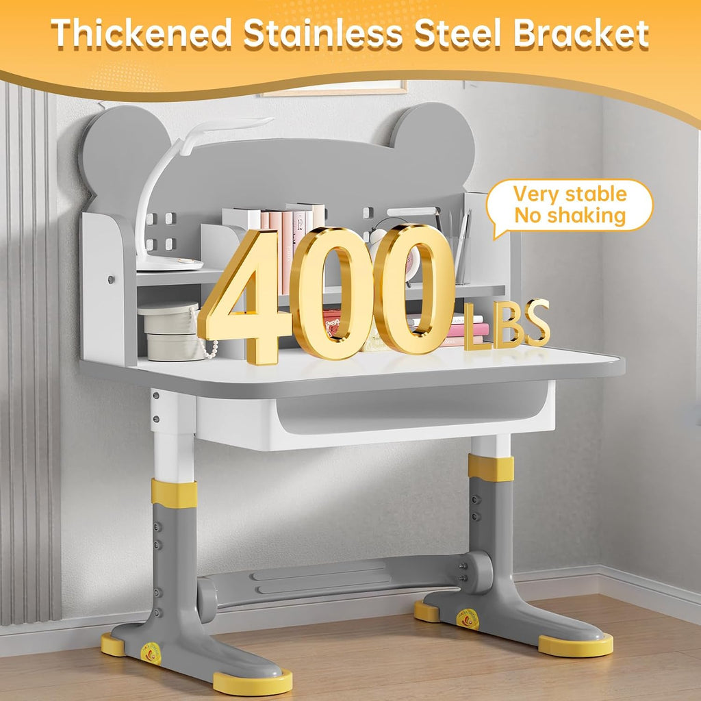 Kids Desk and Chair Set, Height Adjustable Child's School Study Writing Tables, Kids Desk with Bookstand and Storage Drawer, Widened Desktop with Desktop for Boys and Girls (Gray-F)