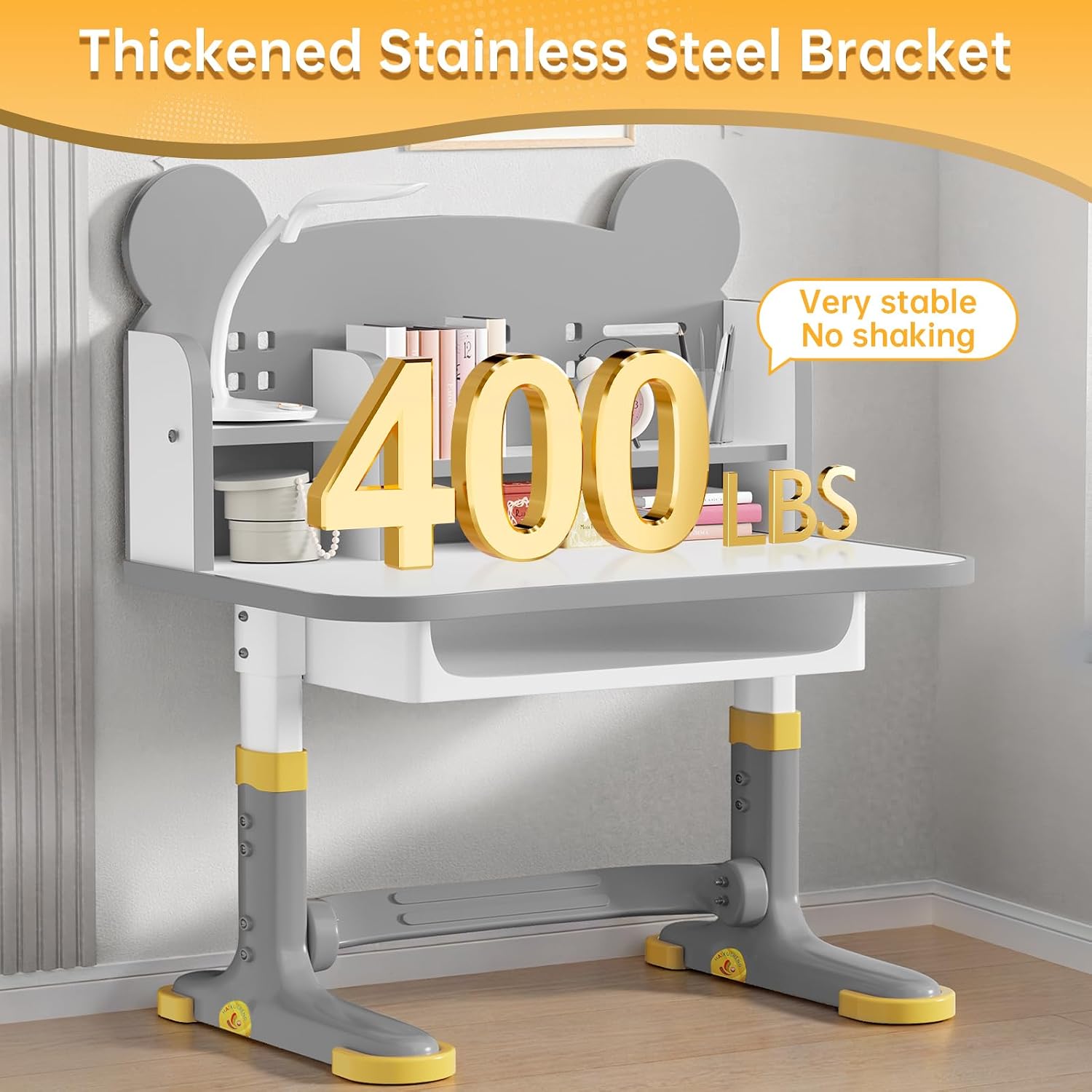 Kids Desk and Chair Set, Height Adjustable Child's School Study Writing Tables, Kids Desk with Bookstand and Storage Drawer, Widened Desktop with Desktop for Boys and Girls (Gray-F)