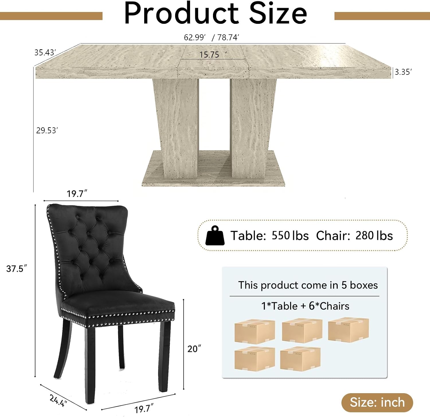 Henf 7 Pieces Extendable Dining Table Set for 6, 63'-79' Faux Mars Kitchen Table Set with 6 Black Chairs, Faux Marble Expandable Dining Room Tables Set for 6,Modern Dinner Tables Set for 6