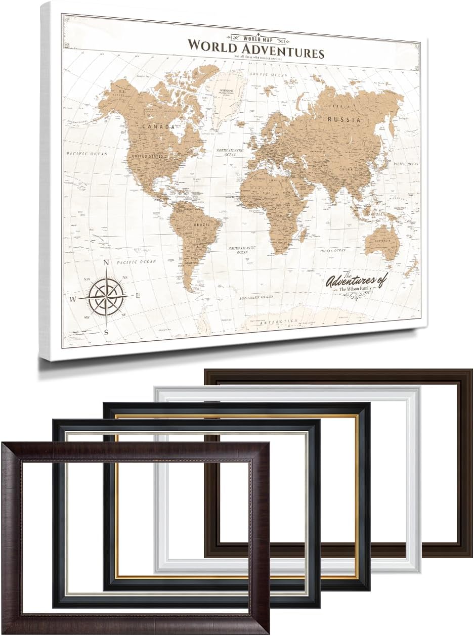 IPIC - Framed Vintage World Map Canvas Wall Art, Personalized Push Pin Travel Map with Name and Message to Track Travels, Oversized Pinnable Wall Decor for Home, Office, Study or RV