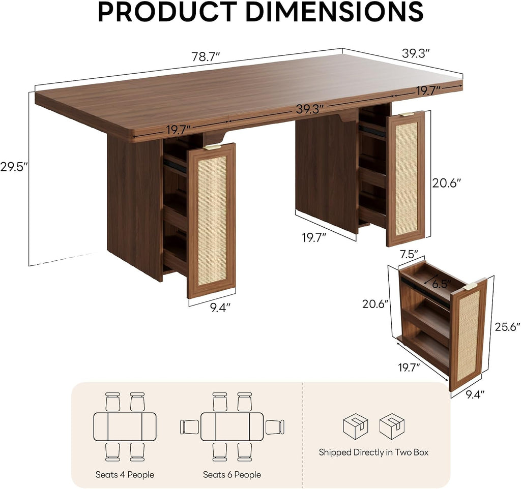 LIKIMIO 78.7' Farmhouse Dining Table for 6-8 People, Extra Thick Wood Top with 2 Hidden Adjustable Storage Drawers, Modern Woven Rattan Table for Dining Room, Kitchen, Living Room, Vintage Brown