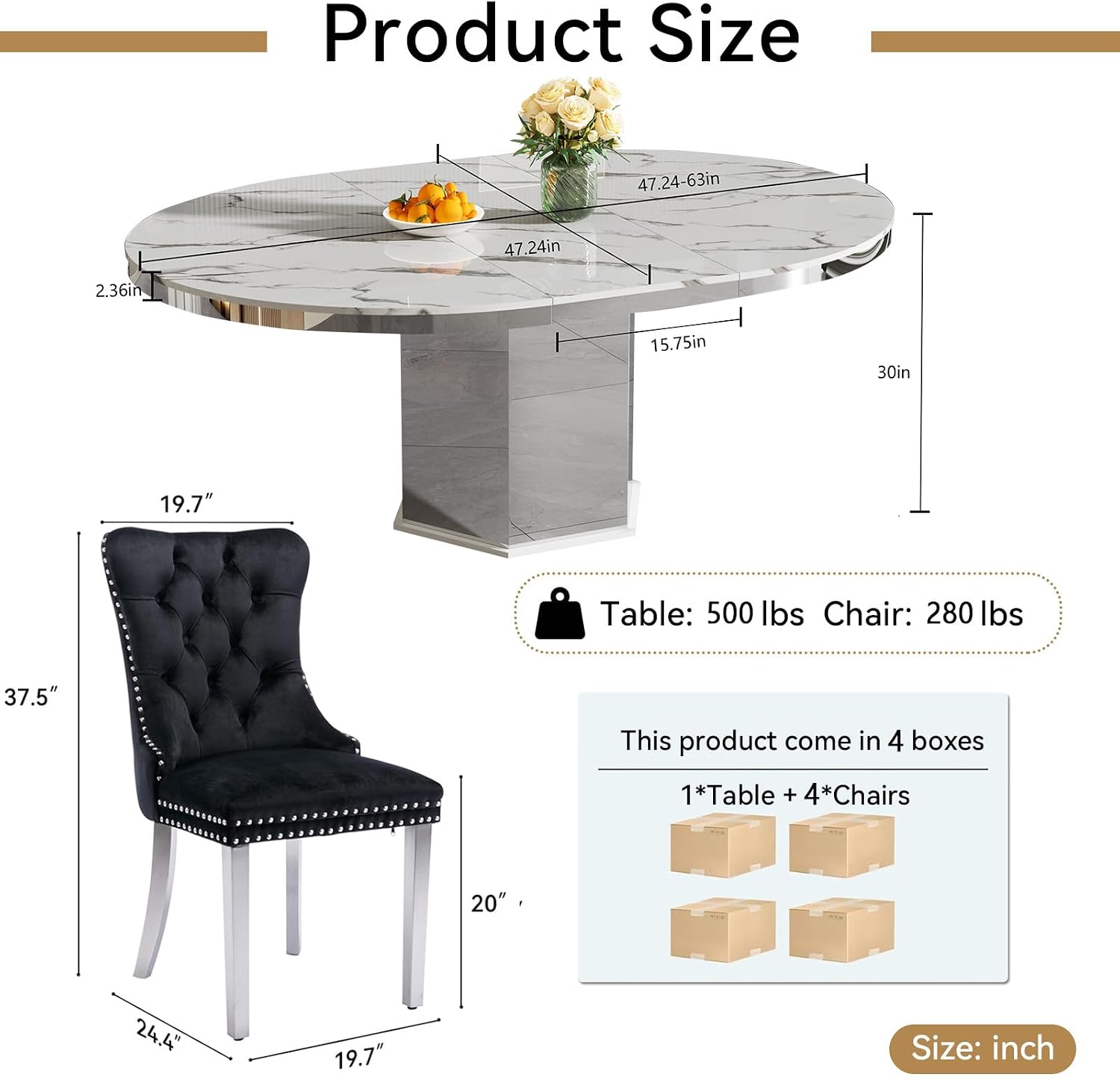 5 Pieces 47'-63' White Faux Marble Extendable Dining Table Set, Round Expanding Kitchen and Dining Room Table Set for 4 with Mirrored Acrylic Base & Black Velvet Upholstered Chairs