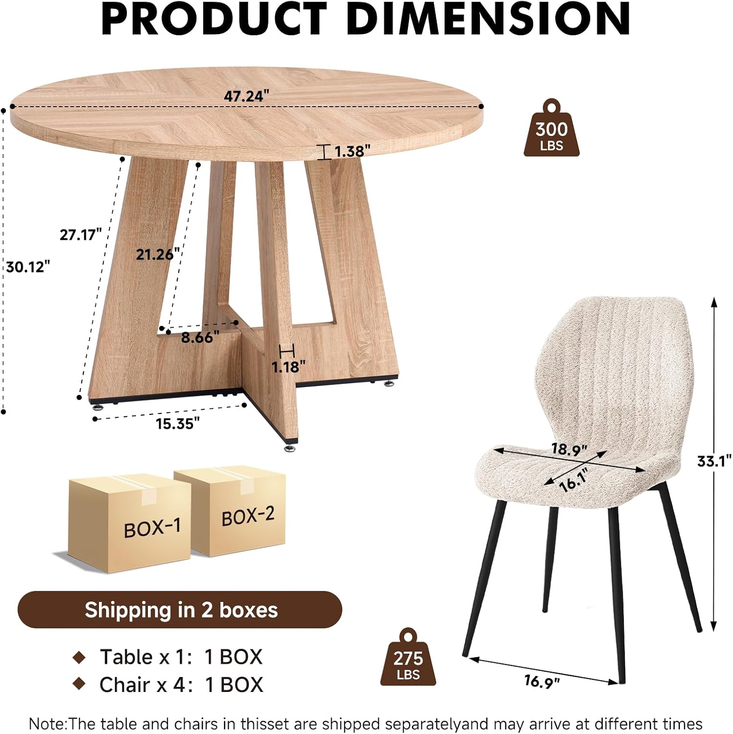 47' Round Dining Table Set for 4 with Chairs Kitchen Table and Chairs Set Mid-Century Modern Chair with Metal Leg for Apartment Living Room(Natural Table with 4 Beige Chairs)