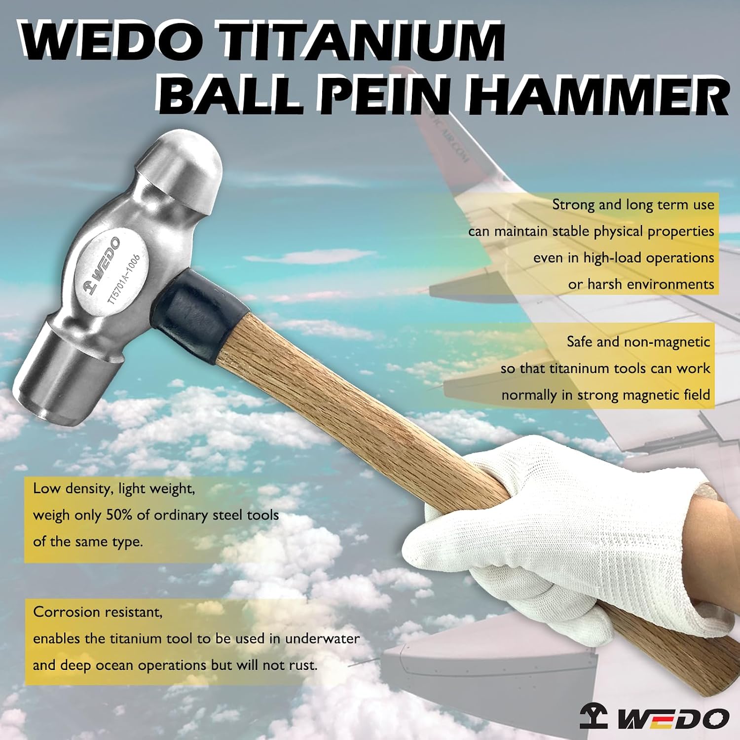 WEDO Titanium Ball Peen Hammer,12oz Ball Pein Hammer with Wooden handle,Non-magnetic,Light Weight,Corrosion Resistant,Length 325mm,Rust-proof,One-time Die-forged