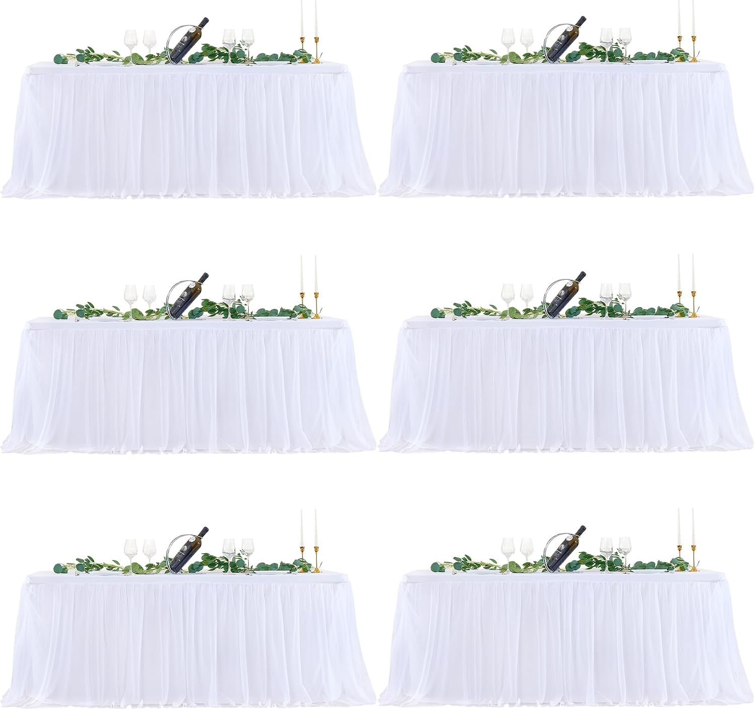 White Table Cloths 8 Foot Rectangle Stretch Ruffle Tulle Tablecloth Spandex Fitted Table Cover for 8 Foot Tables White Tulle Table Skirts Rectangle Tables 8ft Elastic Party Wedding Table Cloths 6Pack