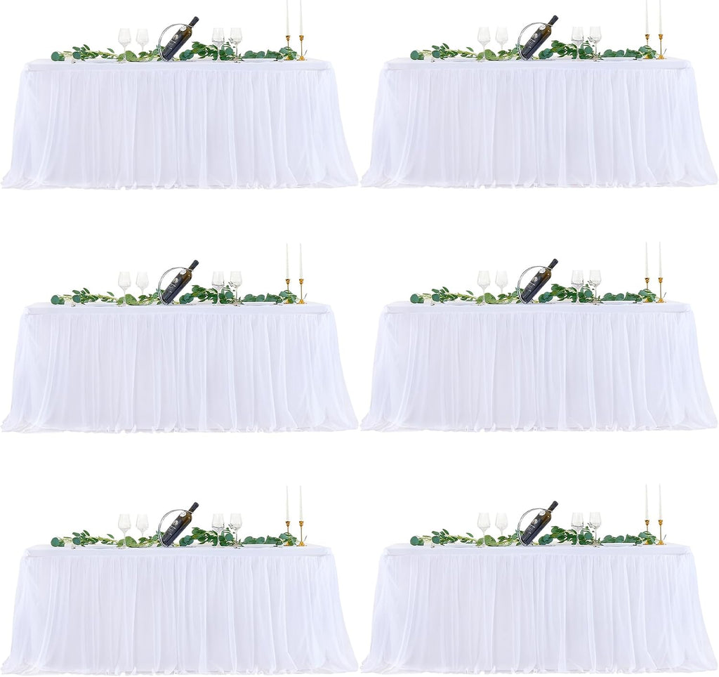 White Tulle Tablecloth 6 Foot Rectangle, Table Covers for 6 Foot White Tulle Tables Skirt Rectangle 6ft Wedding Table Cloths Party Baby Shower Banquet Fitted Elastic