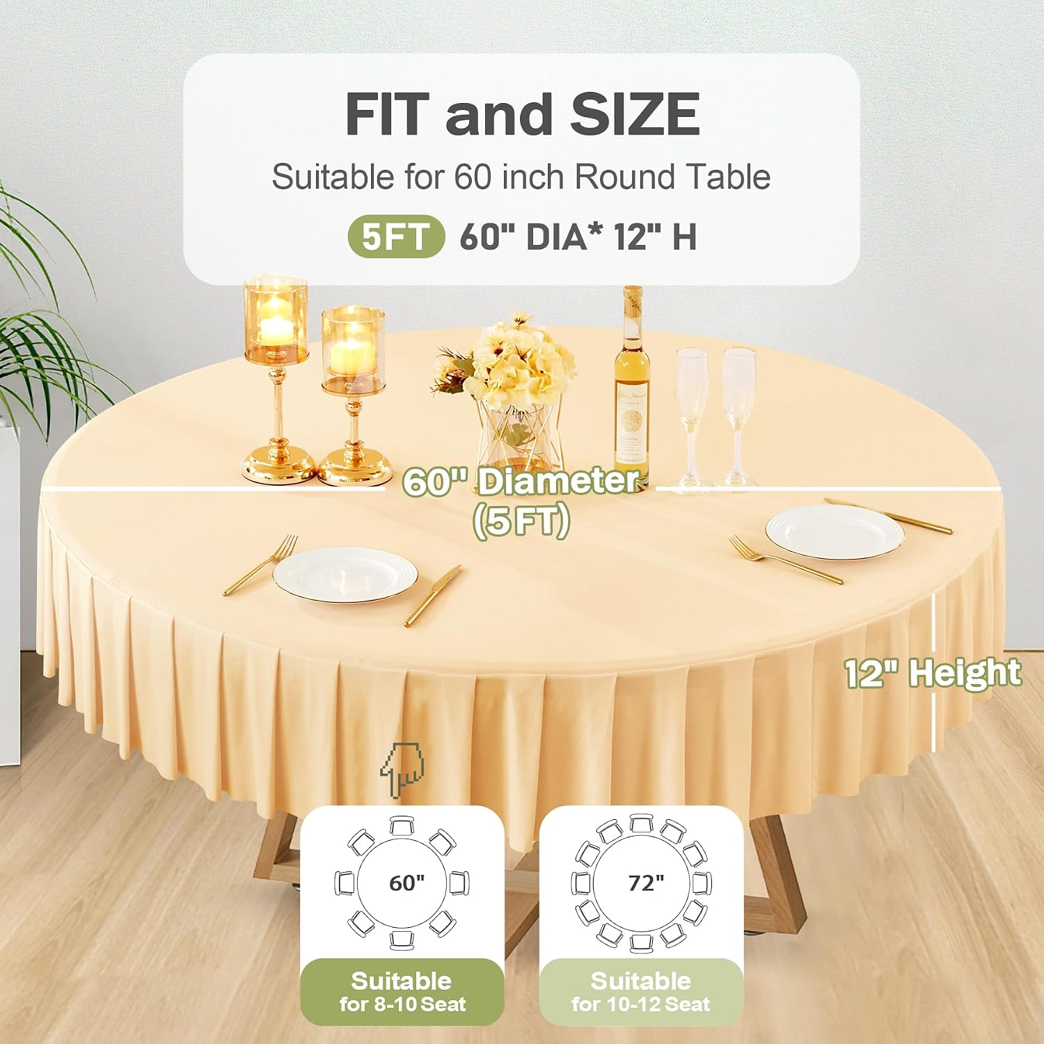 6 Pack Champagne Spandex Tablecloths for 60 inch Table, Stretchy Fitted 5FT Table Cloths Wrinkle Free Covers with Skirt for Wedding Banquet Birthday Party Buffet Restaurant