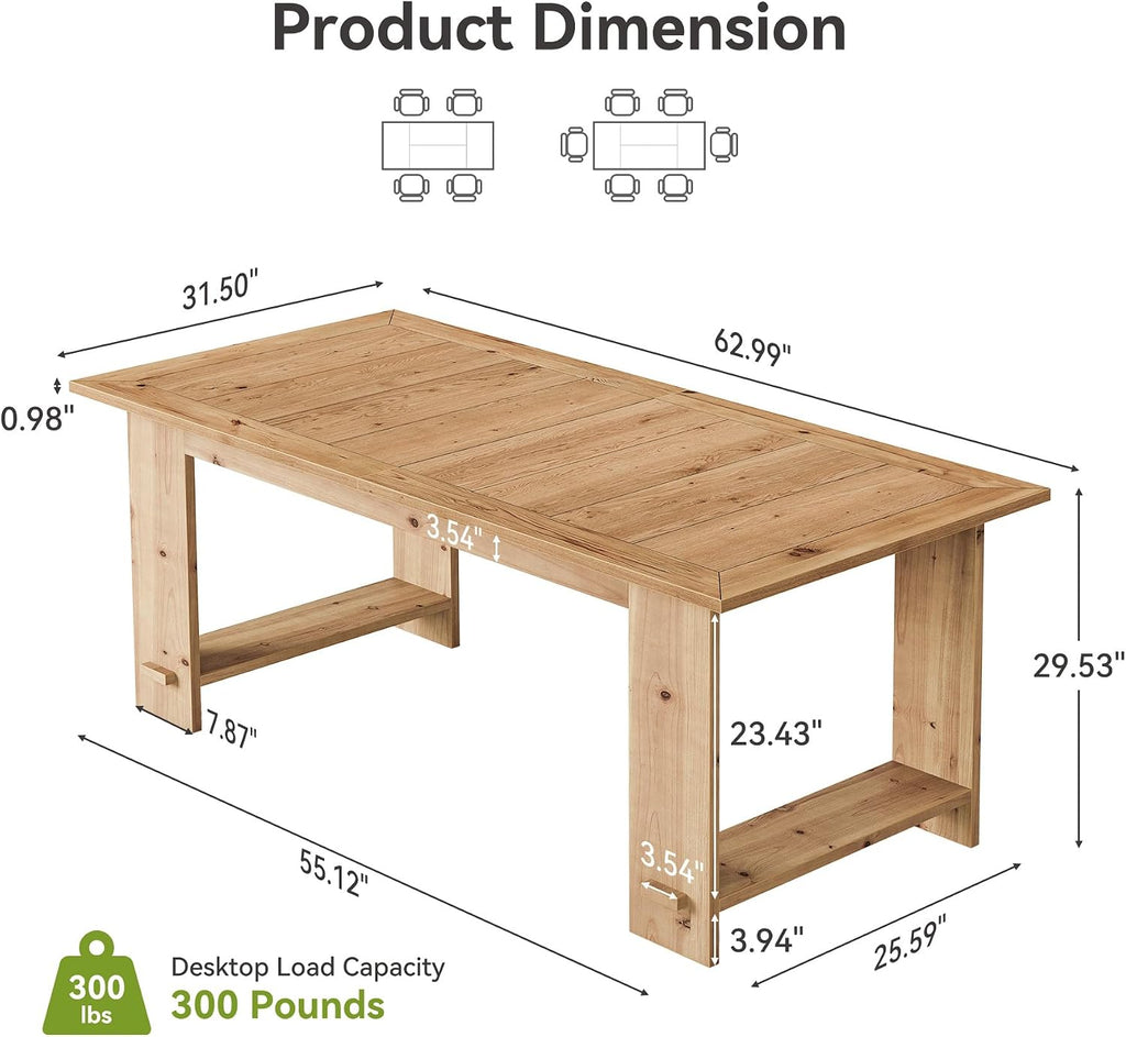 LITTLE TREE Solid Wood Dining Table for 4-6 People, 63 Inches Rectangle Kitchen Table with Heavy Duty Legs, Modern Wooden Furniture for Living Room, Dining Room, Wood Color