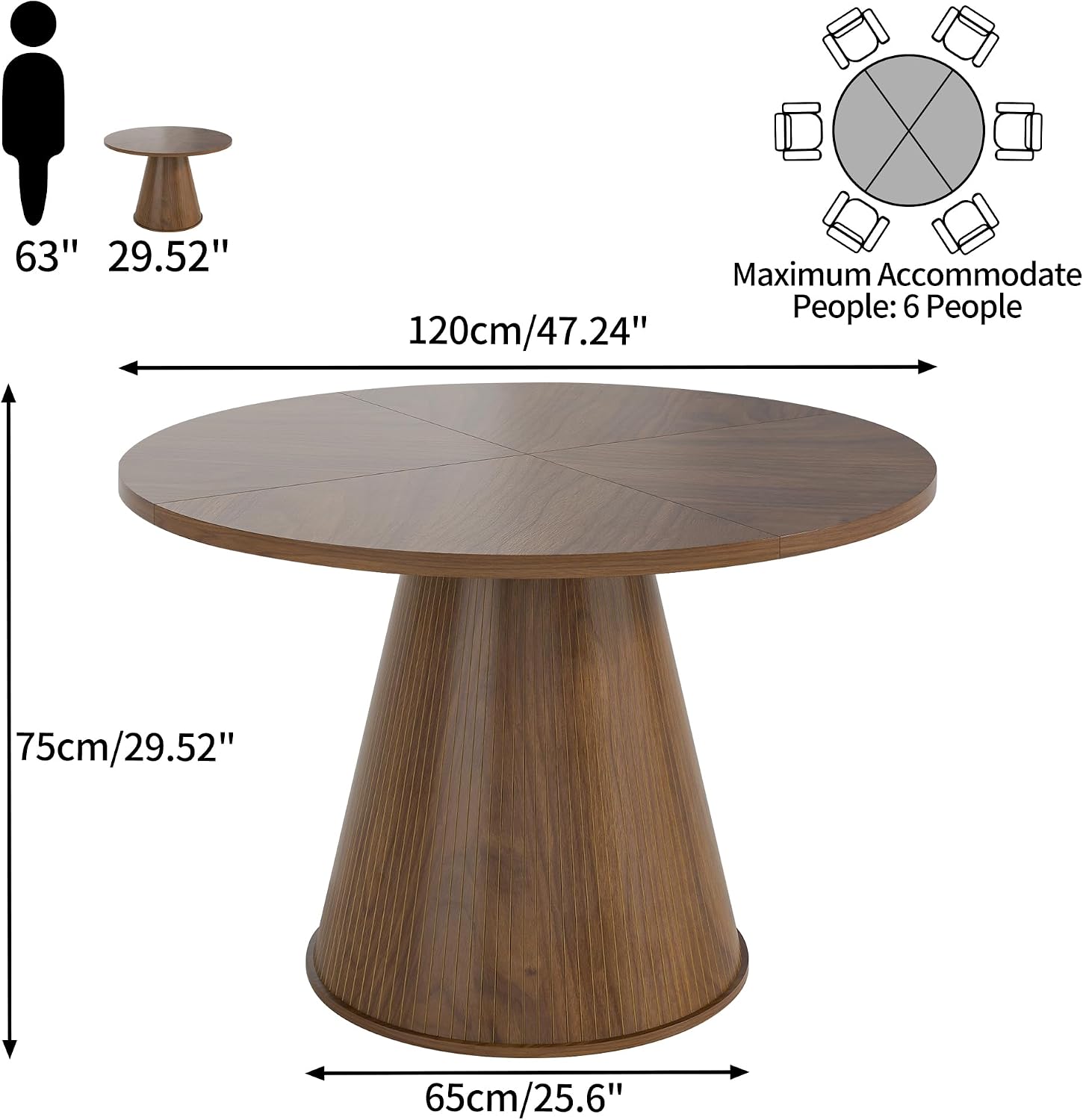 47 inch Round Dining Table for 4-6, Circle Kitchen Table with Sturdy Tapered Base, Mid Century Modern Fluted Dining Tables for Dining Room, Kitchen, Living Room (Walnut, 47inch)