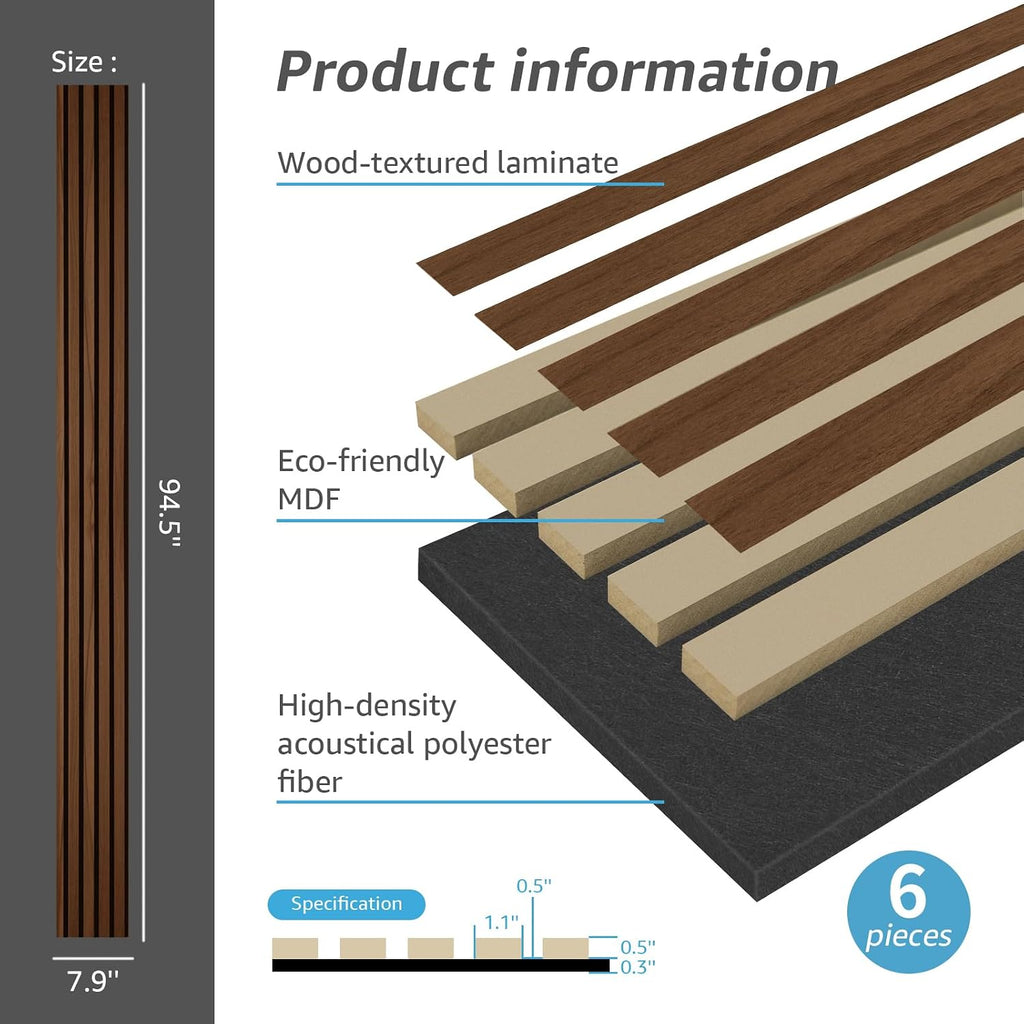Art3d 6-Pack Acoustic Wood Slat Wall Panels for Interior Decor, 3D Fluted Sound Absorbing Wood Paneling for Accent Wall Ceiling Kitchen Living Room Bedroom Office, 94.5 x 7.9 inch Deep Walnut