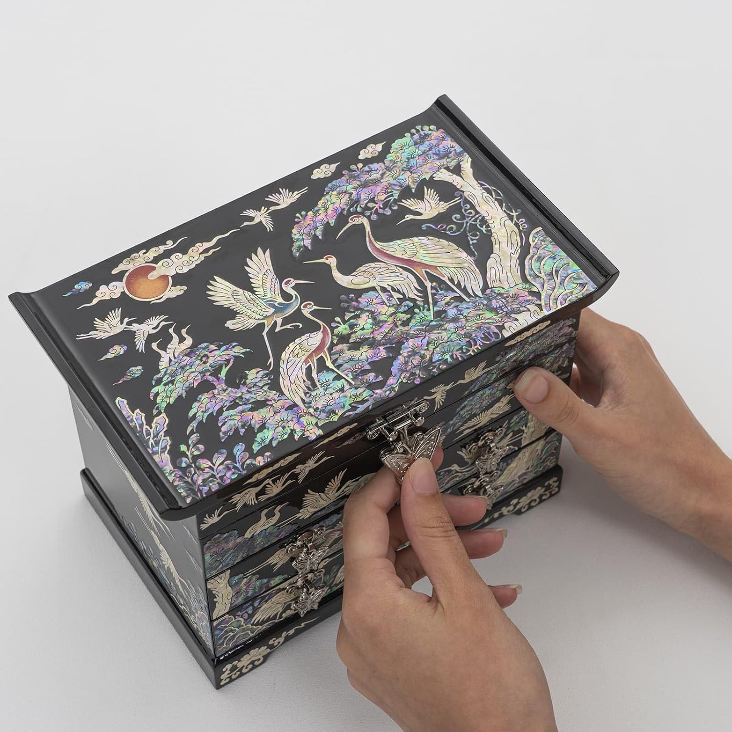 February Mountain Mother of Pearl Wooden Jewelry Organizer Box – Jewelry Storage Box for Women, Features Spacious Drawers, Ideal for Rings, Bracelets, Watches, Chains, Accessories (Colorful Crane)