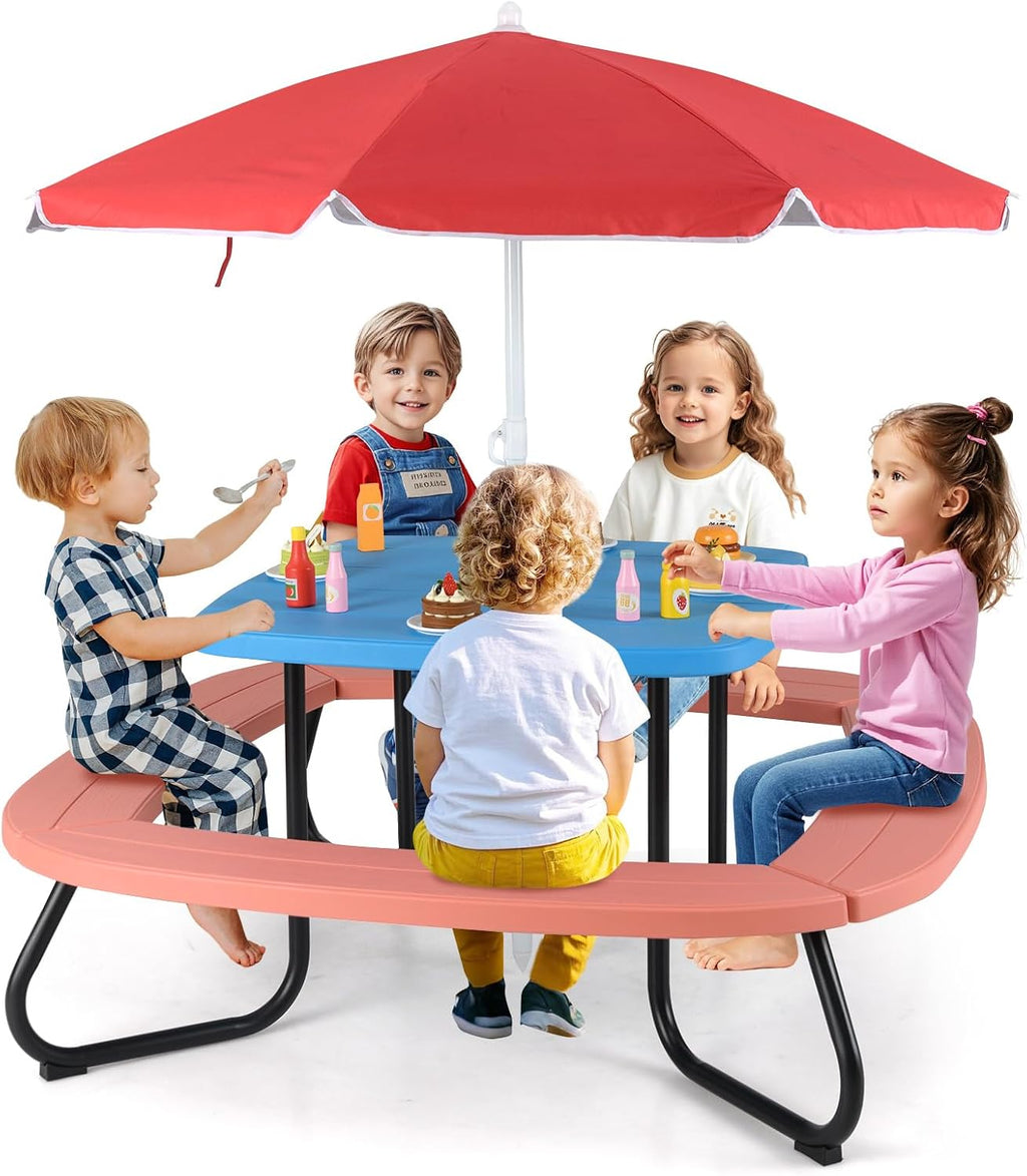 HONEY JOY Kids Picnic Table, 8 Person Toddler Outdoor Table and Chair Set, 4 Built-in Benches, Removable Umbrella, Metal Frame & HDPE Top, Children Outdoor Furniture for Backyard Patio Garden (Red)