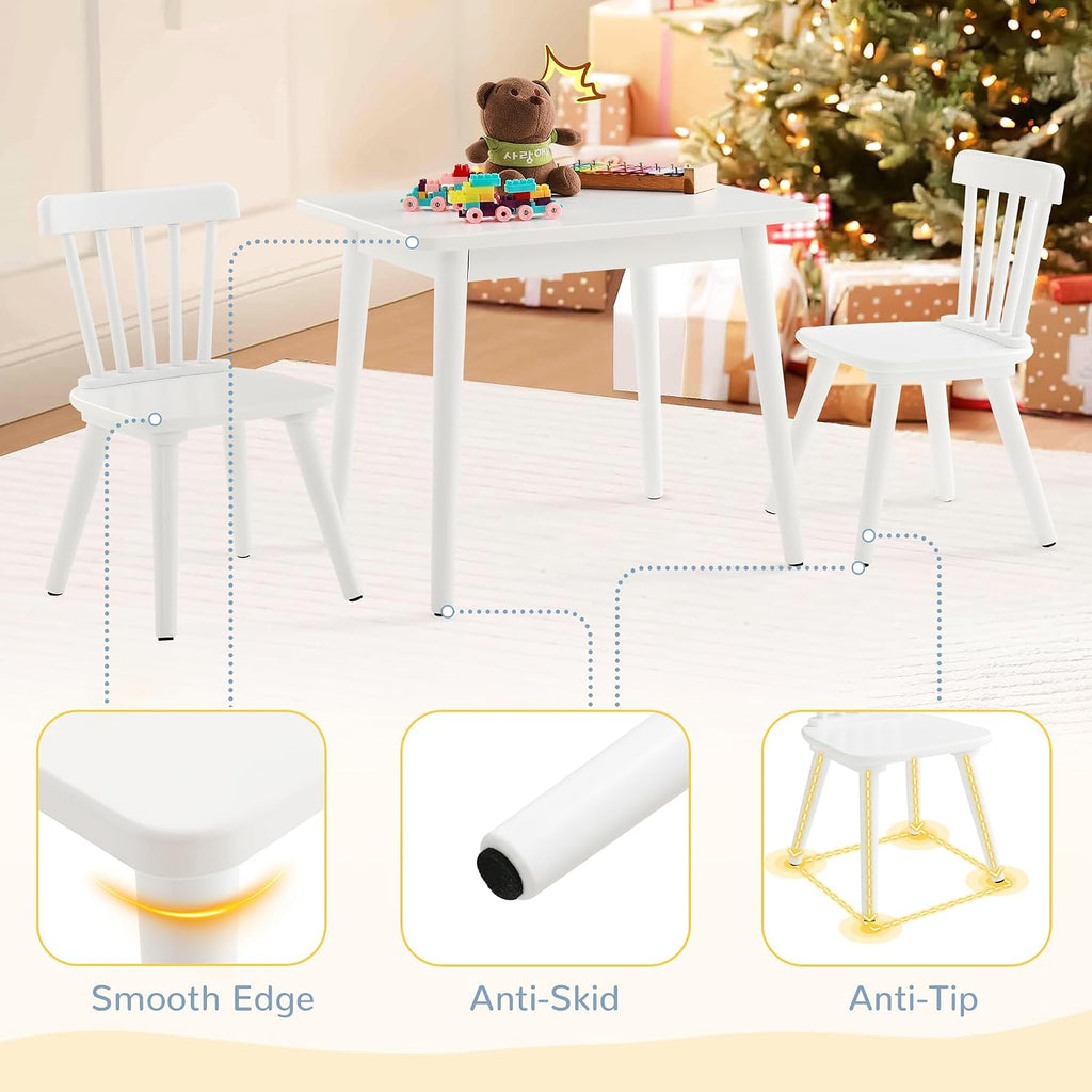 Curipeer Windsor Kids Table and 2 Chair Set, Rubberwood Toddler Table and Chair Set for Art, Play, Craft, Activity, with Non-Slip Legs Round Edge Design, White