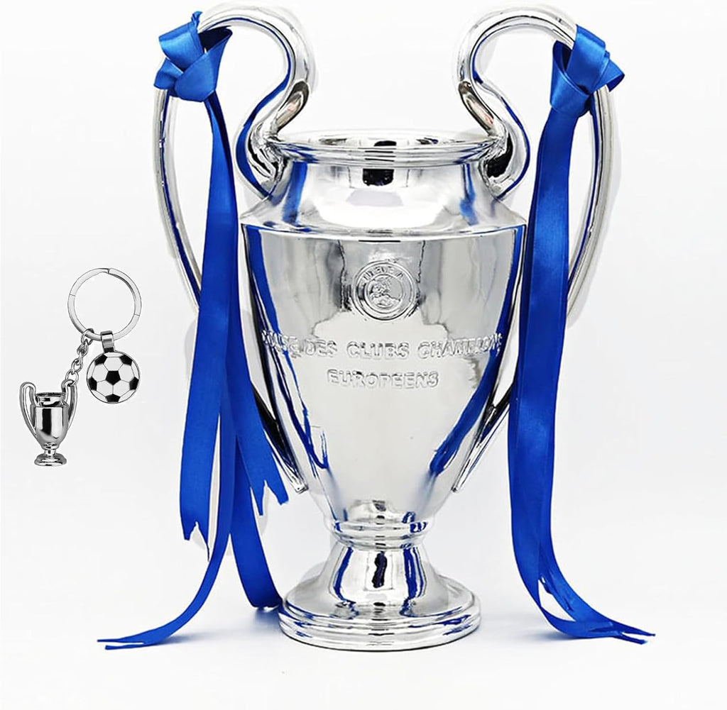 European Champion Football Trophy, Resin St. Bernard League Replica Award Cup, Silver with Blue Ribbons for Sport Fan League Team (77cm/30 inches), LG202407061735