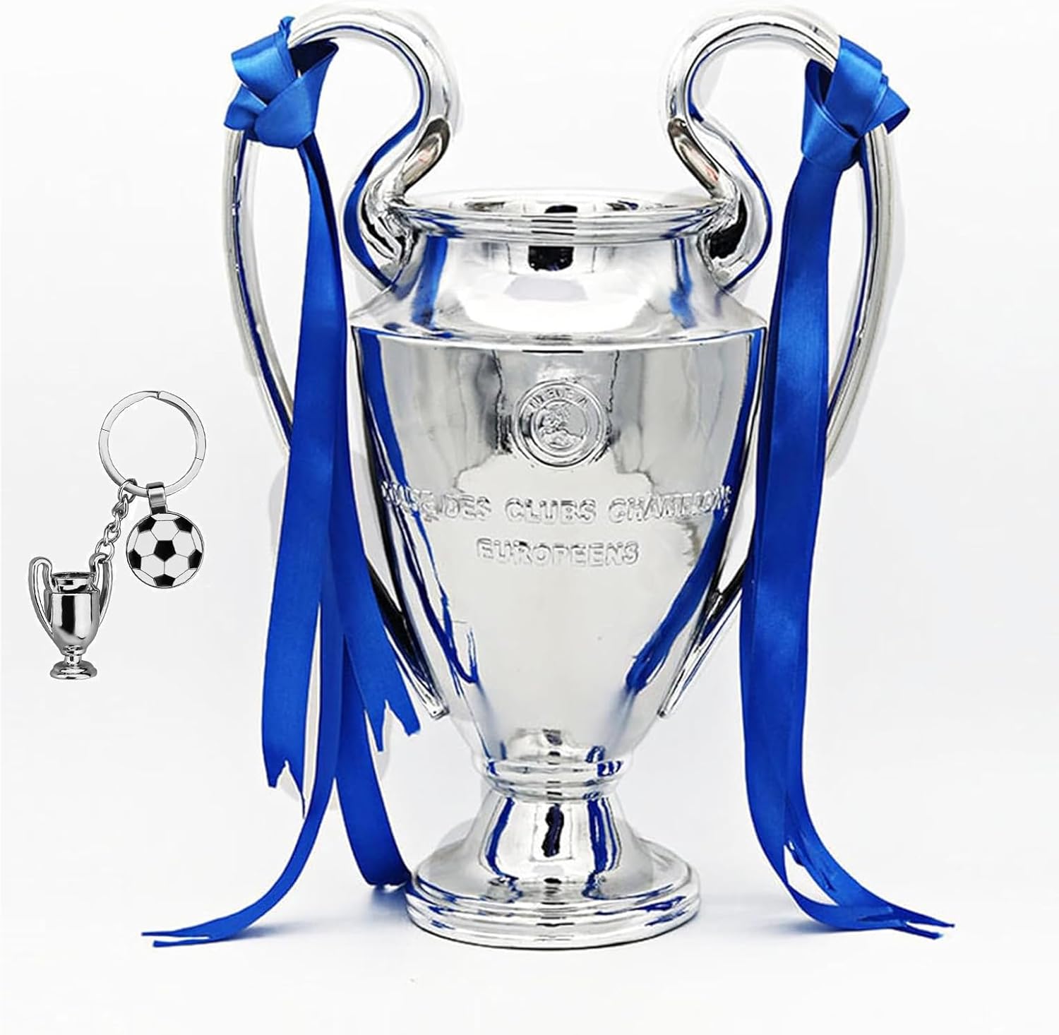 European Champion Football Trophy, Resin St. Bernard League Replica Award Cup, Silver with Blue Ribbons for Sport Fan League Team (77cm/30 inches), LG202407061735