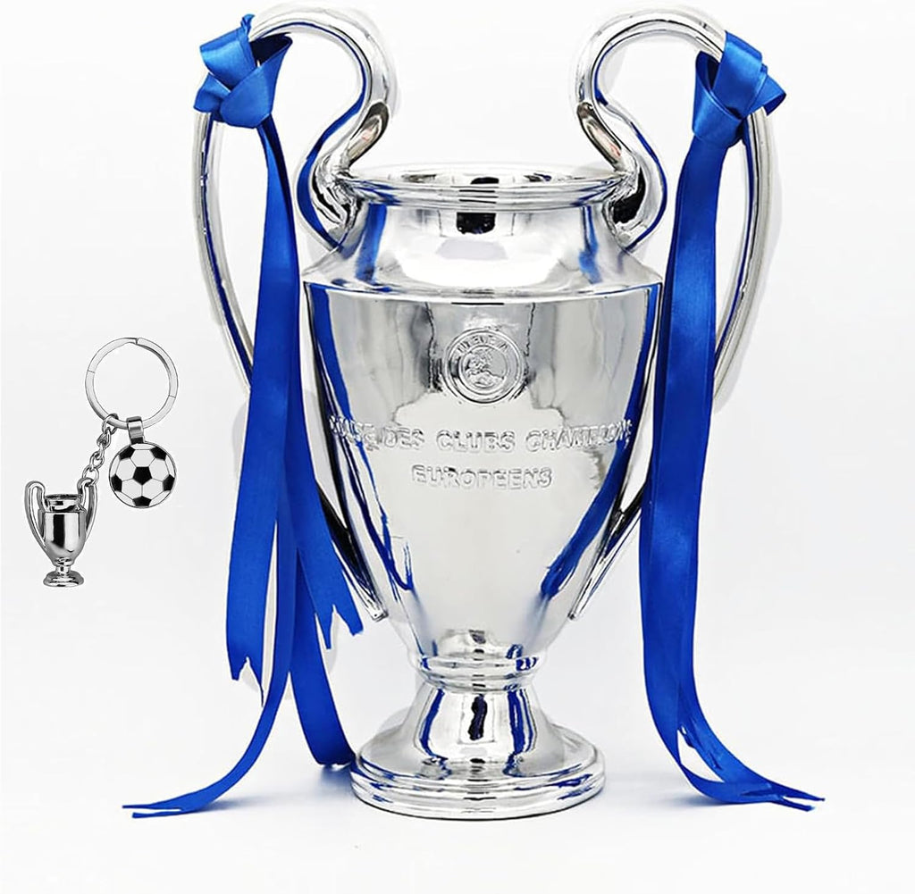 European Champion Football Trophy, Resin St. Bernard League Replica Award Cup, Silver with Blue Ribbons for Sport Fan League Team, LG202407061735
