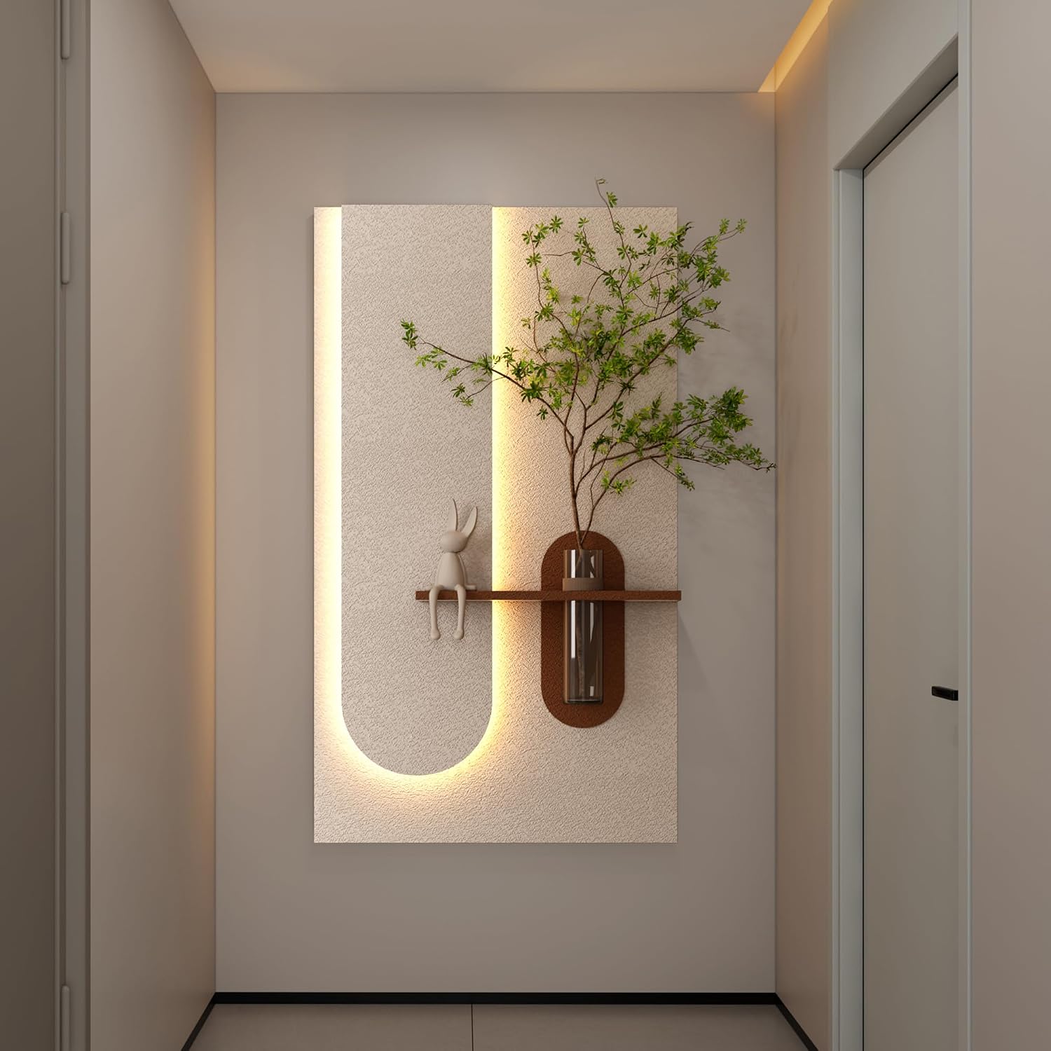 Montary 3D Sandstone Entryway Decor Art Painting, Modern LED Wall Decor Sculpture with Artificial Plants, Glass Vase & Rabbit Statue, Remote Control 3-Color Light for Living Room, Bedroom, Hallway