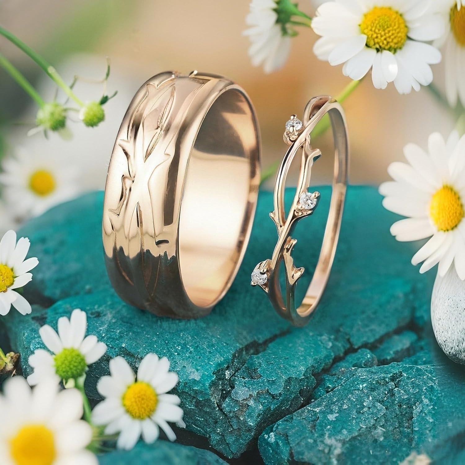 SISGEM Moissanite Couple Rings Set, 10K 14K 18K Solid Gold Moissanite Wedding Rings for Him And Her, Vintage Leaf/Branch Wedding Bands Matching Couple Rings Anniversary Jewelry Gift for Women And Men