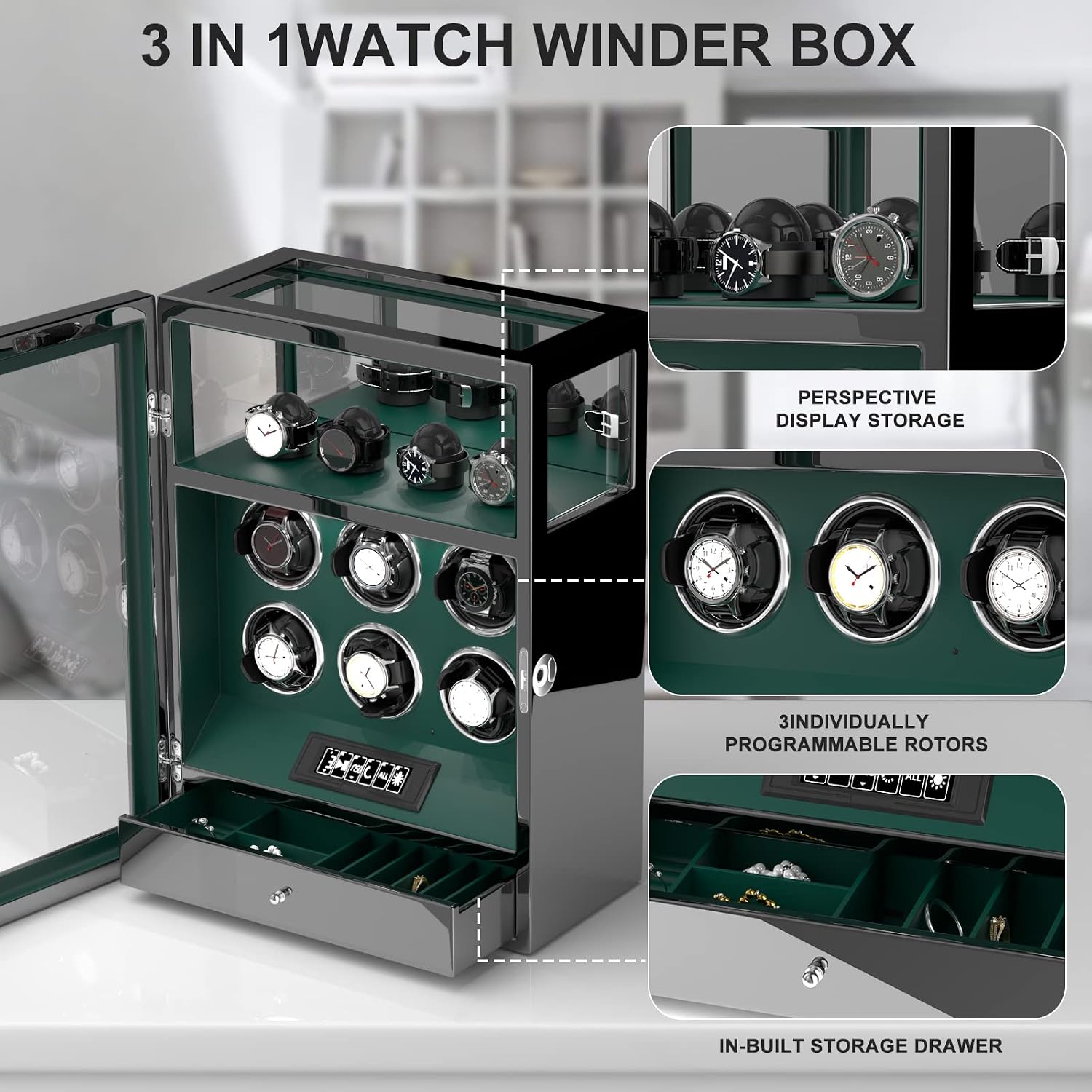 DUKWIN Watch Winder, Fingerprint Lock Automatic Watch Winder for 3/6/9 Watches with 4 Holders,300-2300 TPD,Digital Display, Remote Control,Jewelry Storage and Adjustable Watch Pillow and LED Light