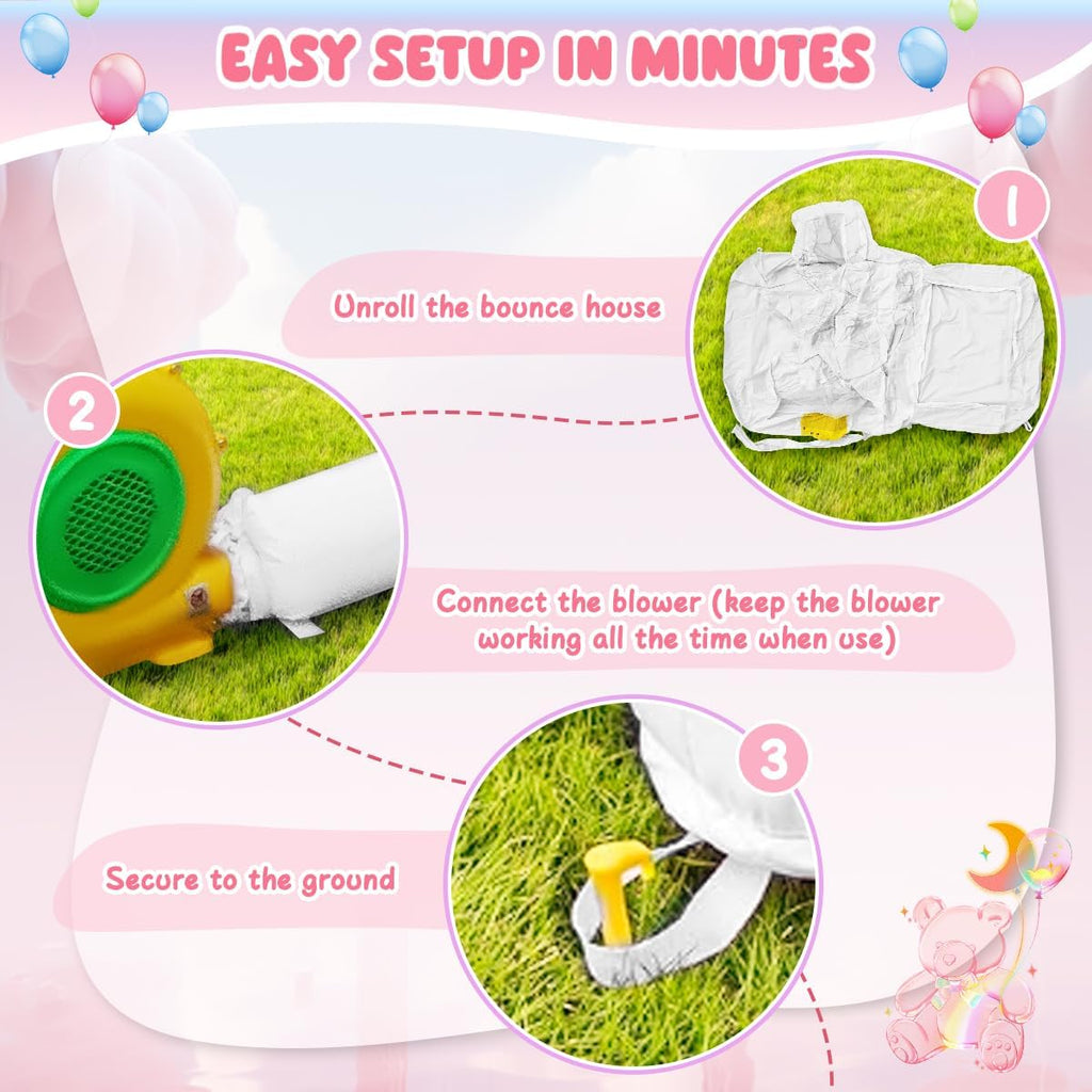 FINCOME Inflatable Bounce House for Kids, White Bounce House with Slide, Jumping Bouncy Castle for Kids Birthday Party, Wedding, Backyard Indoor/Outdoor White (with Blower)
