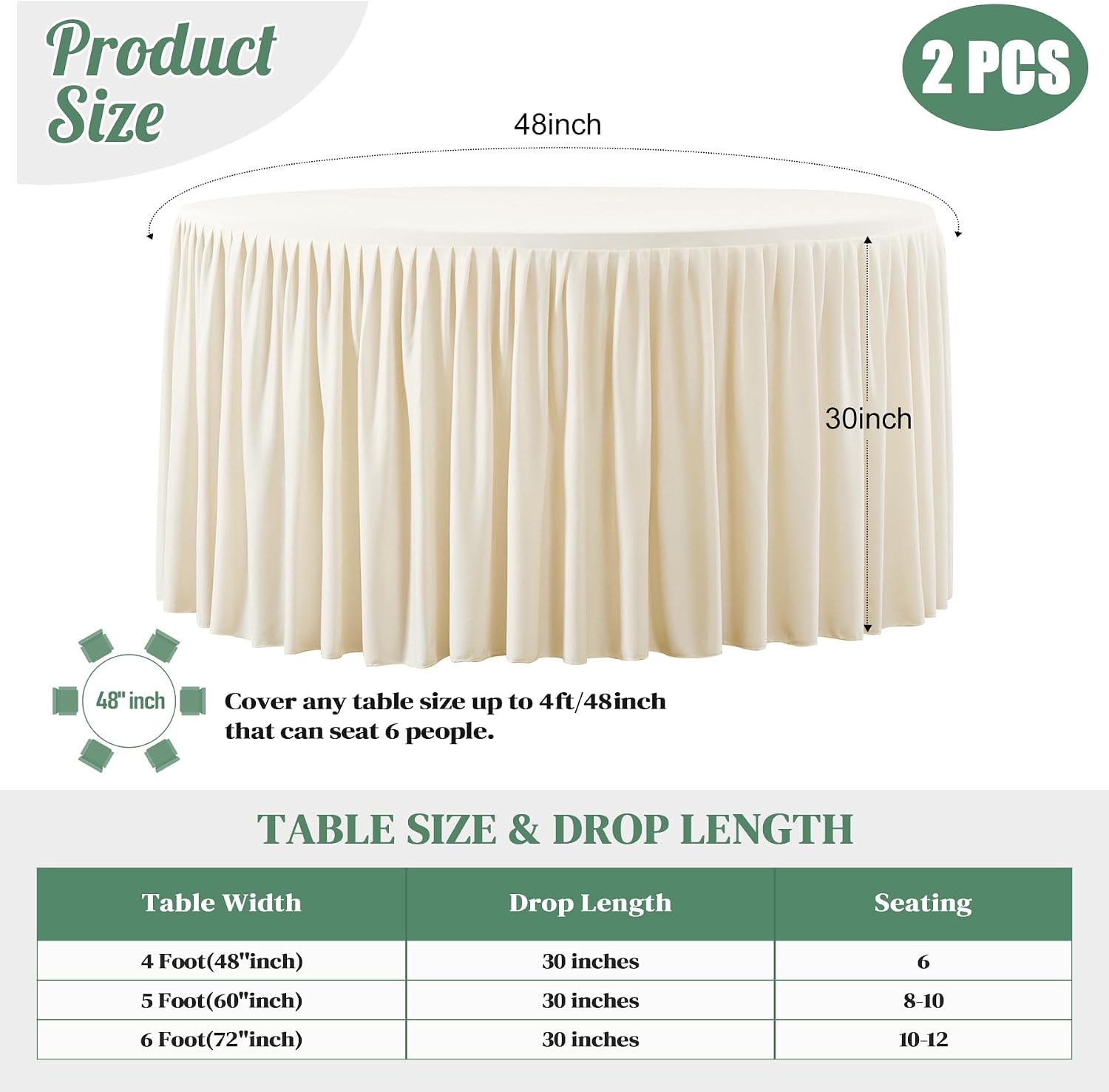 6 Pack Ivory Spandex Round Tablecloths for 48 inch Tables, Stretchy Fitted 4FT Round Table Clothes,Wrinkle Free Table Cover with Skirt for Wedding Party Dining Banquet Graduation Decorations