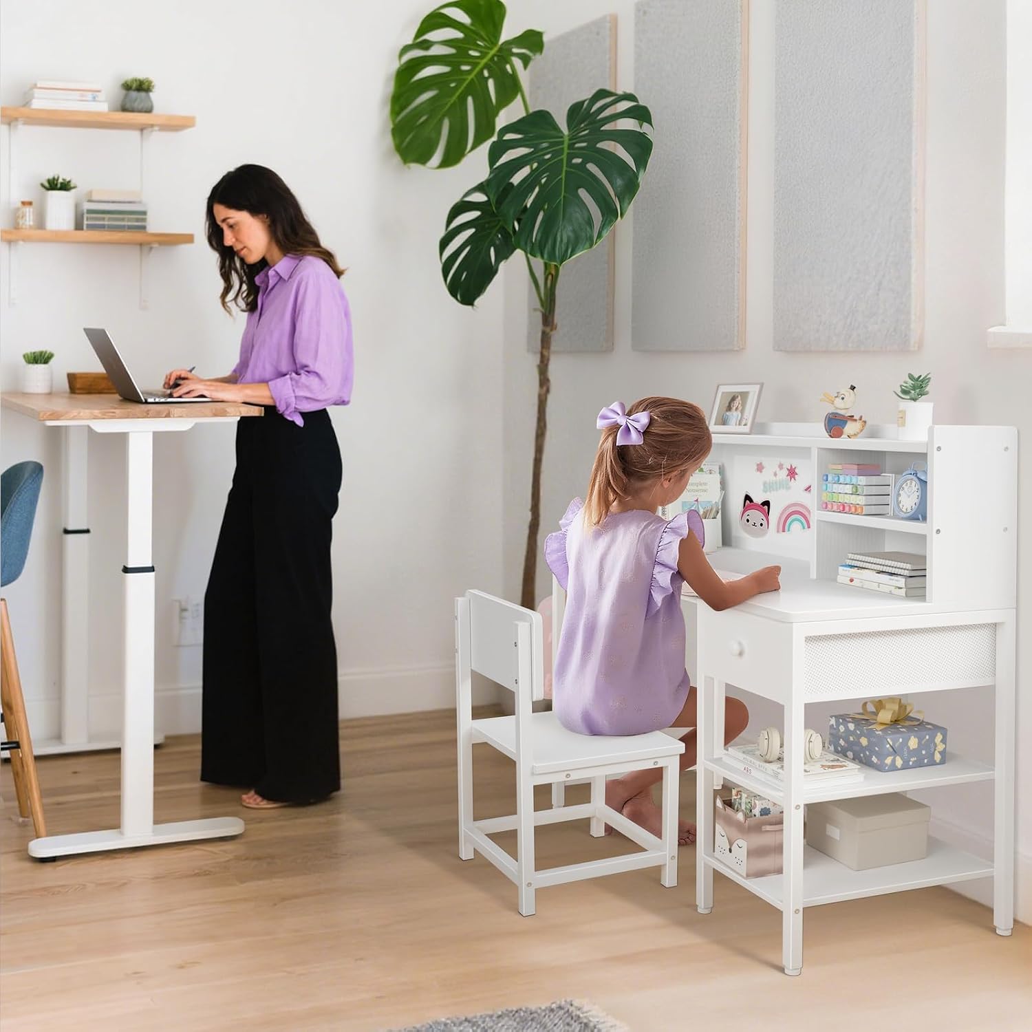 BOLUO White Kids Desk and Chair Set for 6-12 Year Old, Children Study Desk with Hutch and Storage Shelf, Student Writing Table with Fabric Drawer for Girls Boys