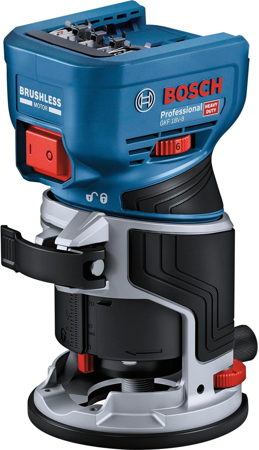 Bosch Professional 18V System Cordless Router GKF 18V-8 (incl. Parallel Guide, 2X Routing vac adaptors, Chip Shield, 8mm Collet, Wrench, Without Battery/Charger)