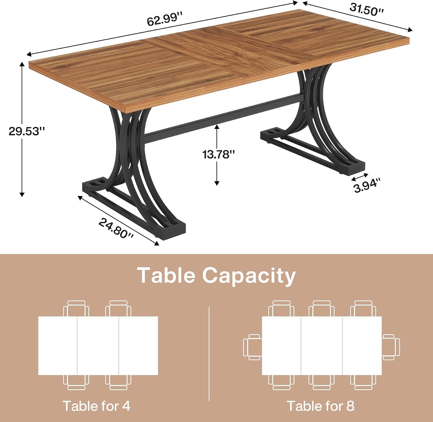 Tribesigns 63-Inch Rectangular Dining Table for 4 to 6, Modern Kitchen Table with Stylish Metal Trestle Legs, Large Dinner Table for Dining Room, Chair Not Included (Rustic Brown and Black)