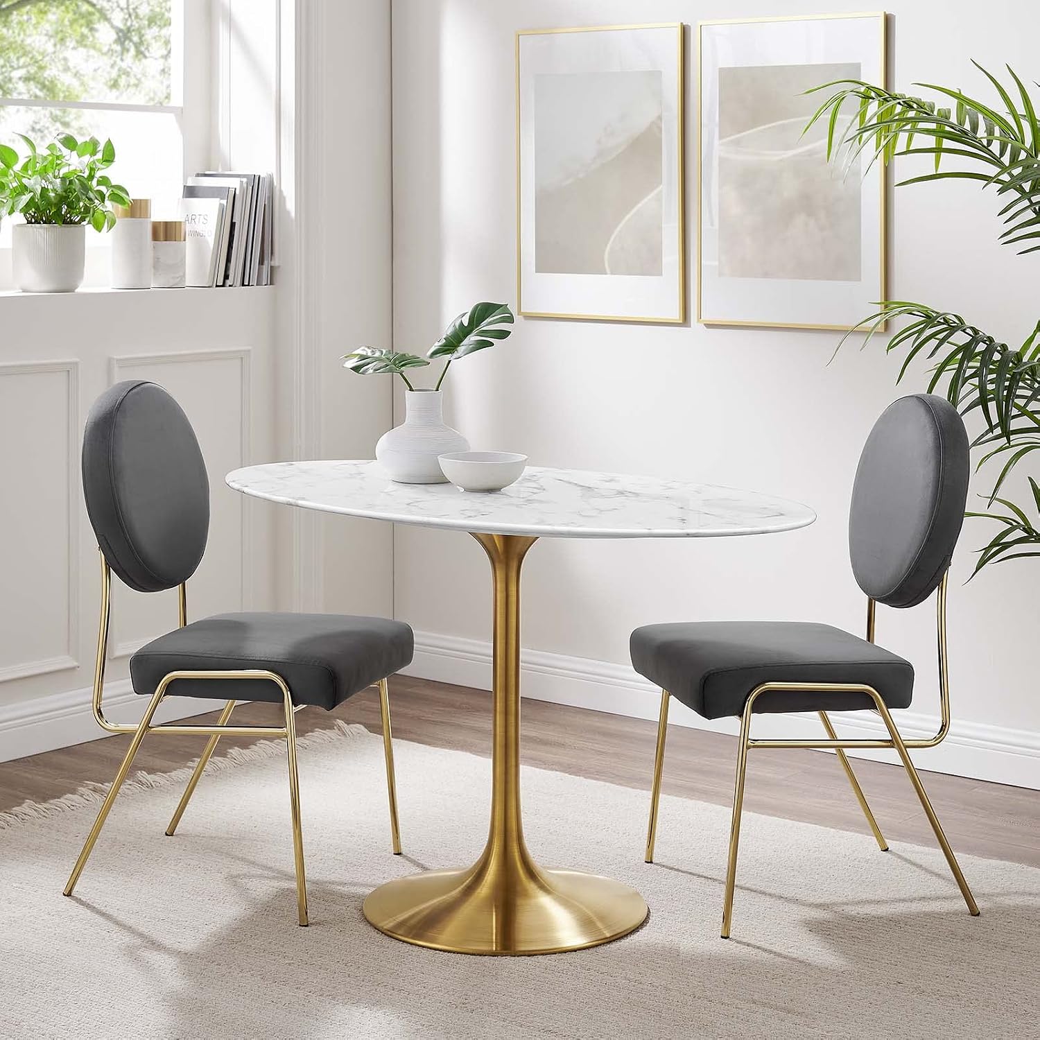 Modway Lippa 48' Oval-Shaped Mid-Century Modern Dining Table with Artificial Marble Top and Gold Base