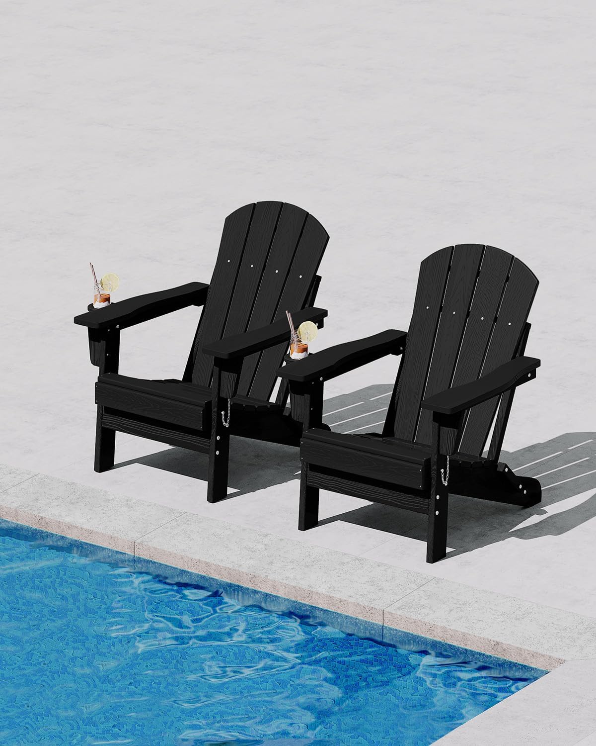 Folding Adirondack Chair Set of 2, All-Weather HDPE Outdoor Chair, Wooden Textured with Cup Holder for patios, Decks, Gardens, fire pits, Black