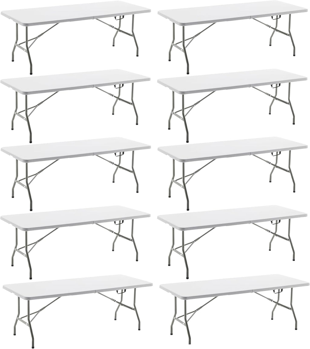 BTEXPERT Set of 10, Fold-in-Half Folding Utility Table 6 Feet 72' x 29.5' Lightweight Portable Carrying Handle Indoor Outdoor Picnic Camping Office Home Party Wedding Event White