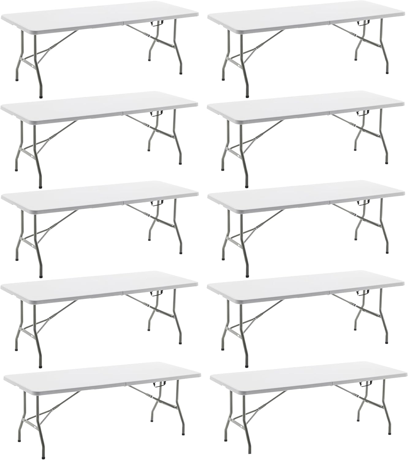 BTEXPERT Set of 10, Fold-in-Half Folding Utility Table 6 Feet 72' x 29.5' Lightweight Portable Carrying Handle Indoor Outdoor Picnic Camping Office Home Party Wedding Event White