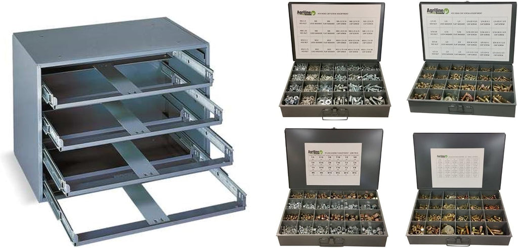 4650 Piece 4 Drawer Bolt, Nut, and Washer Assortment Grade 8 Coarse Thread, Grade 8 Fine Thread, 8.8 Metric Coarse Thread, and Nylon Locknut Coarse Assortment with 4 Drawer Cabinet