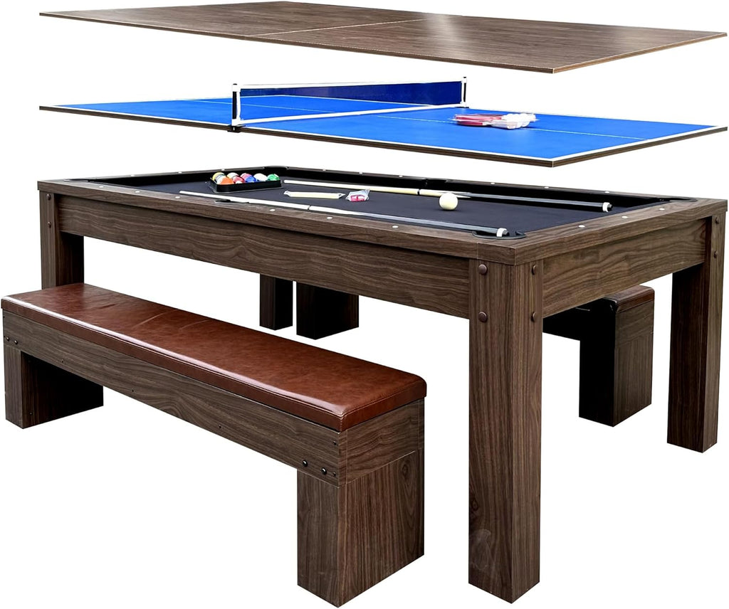 8ft Dining Pool Table Combo with Game Accessories, 3-in-1 Multi-Functional Game Table with Ping Pong & Dining Top & 2 Benches, for Play & Dining