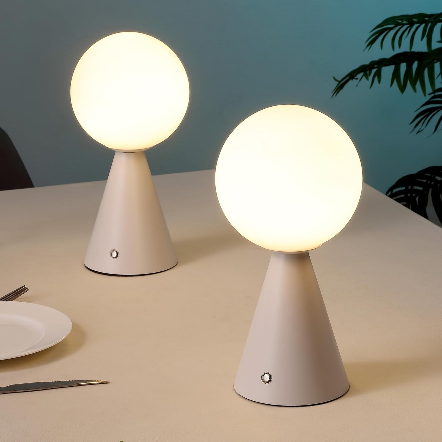 JONATHAN Y 11.75' White Macie Modern Globe Cordless Table Lamp Set of 2, Rechargeable Dimmable Integrated LED Touch Sensor Bedside Lamp, White Frosted Glass Shade (JYL7159E-SET2)