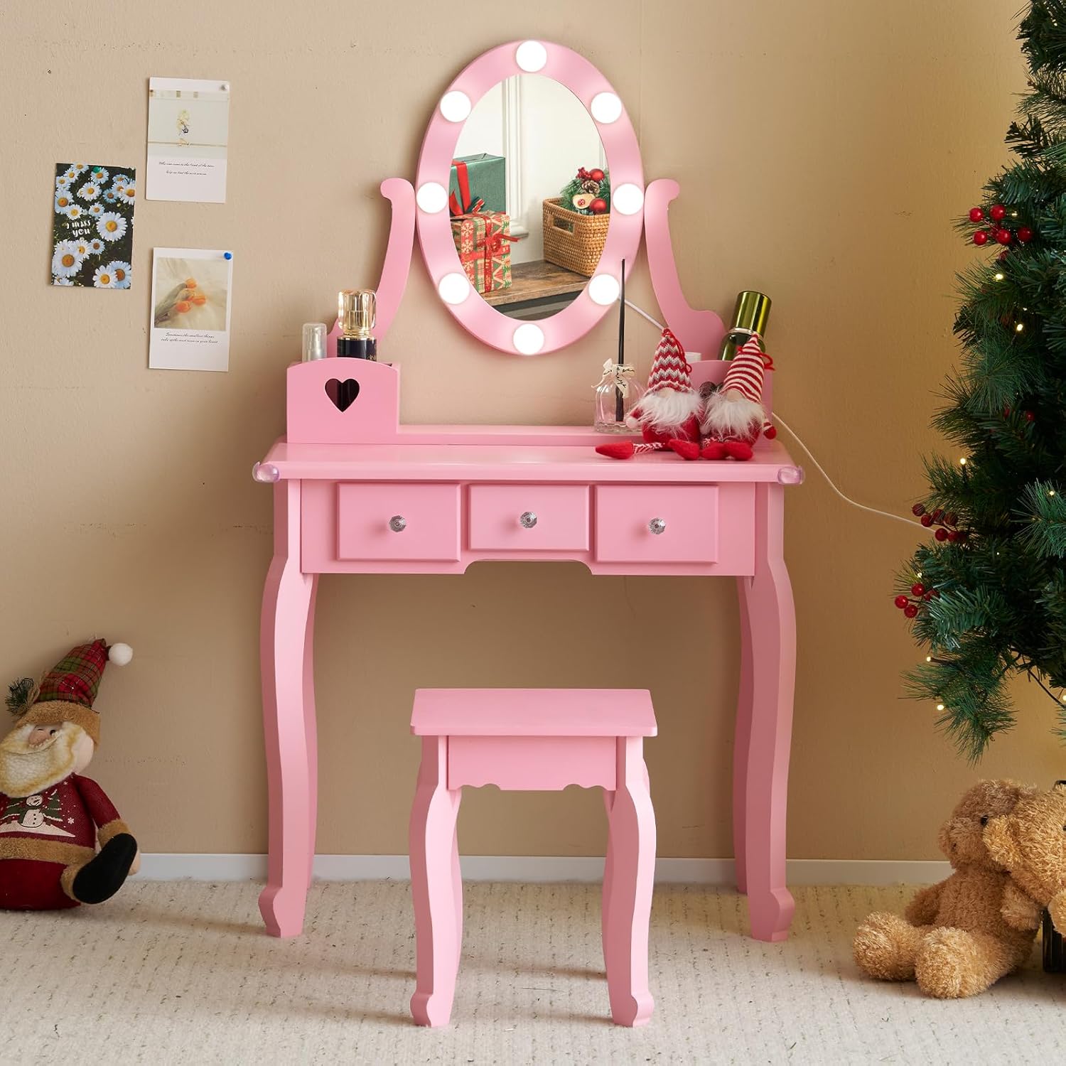 Karl home Kids Vanity Table and Chair Set, Princess MDF Dressing Table with 3-Color LED Lighted Mirror and 3 Drawers, Lovely Waved Design for Toddler's Bedroom and Playroom Decor, Macaroon Pink