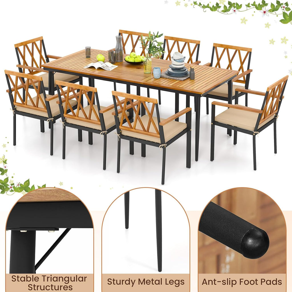 HAPPYGRILL Outdoor Dining Table for 6-8 People, Rectangular Eating Table with 2 inch Umbrella Hole, Sturdy Metal Legs, Patio Acacia Wood Dining Table, Perfect for Porch, Backyard, Garden