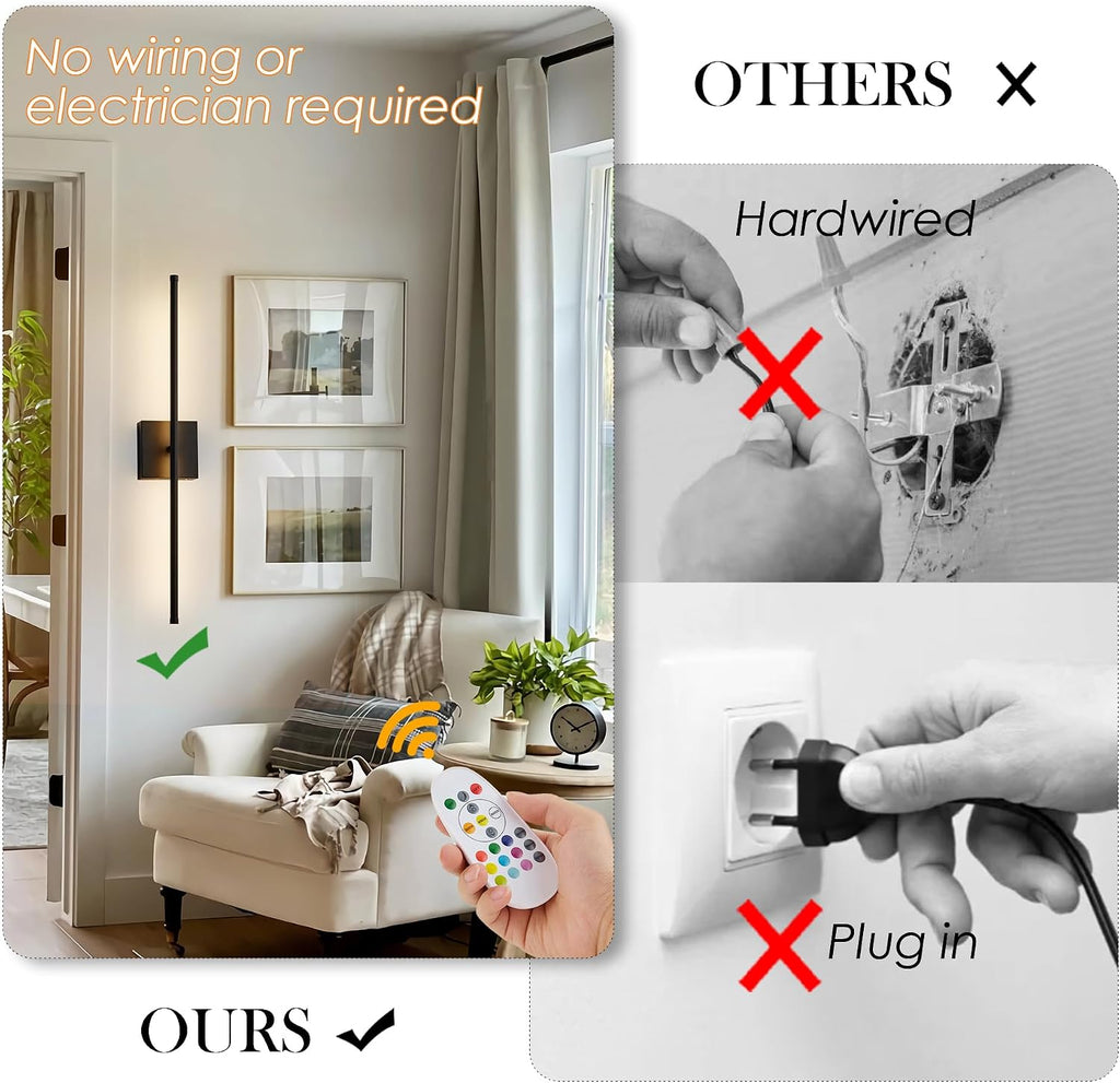 KARTOOSH 28.3 Inch 9 RGB Color Battery Operated Wireless Wall Sconces Set of Two, with Remote, Dimmable, Warm/Natural White/Daylight, Rotatable, LED Wall Light for Living Room, Bedroom, Black