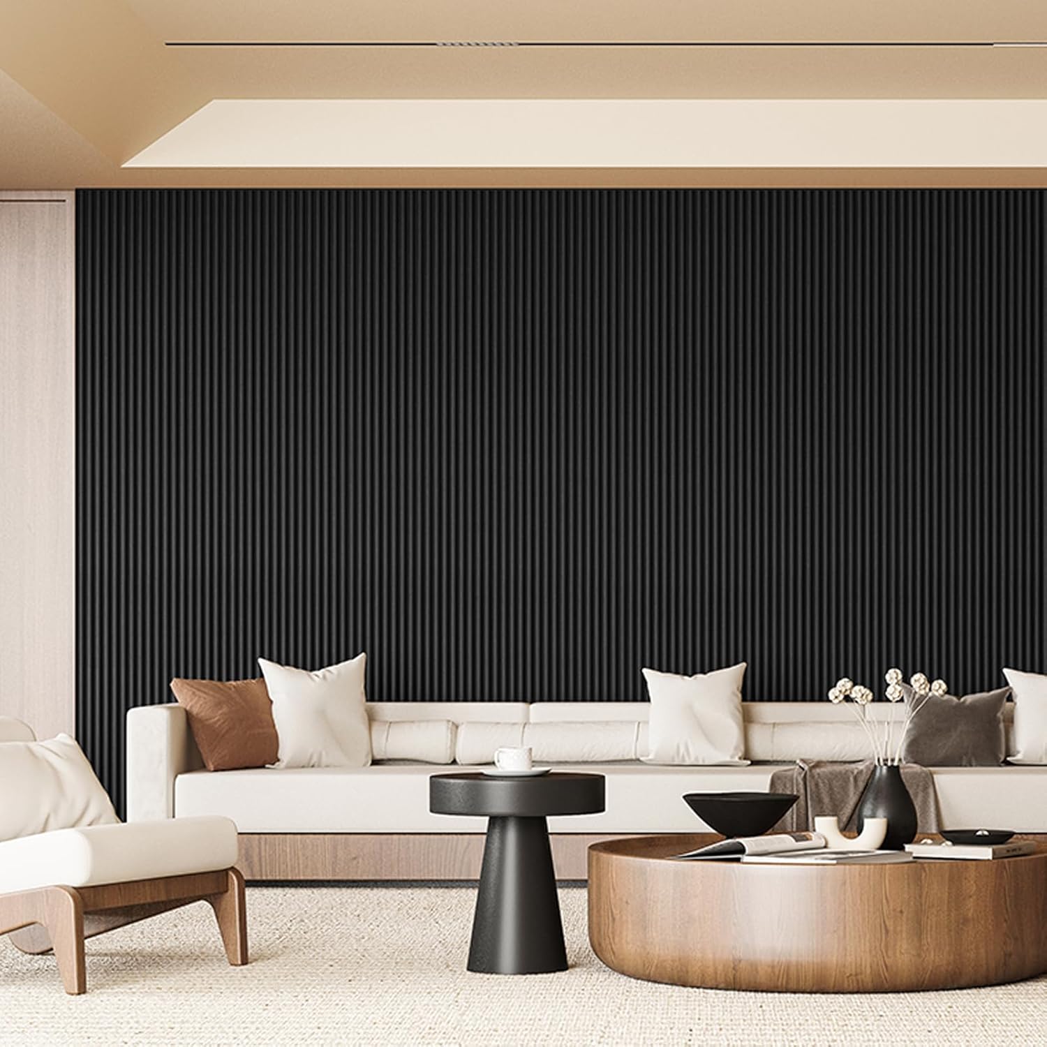 Art3d Fluted Wood Panel - 108 x 5.7 x 0.7in for Wall & Ceiling, Beaded Accent Molding for Home Decoration, Pack of 4pcs + 1pc End-Trim, Beaded Black