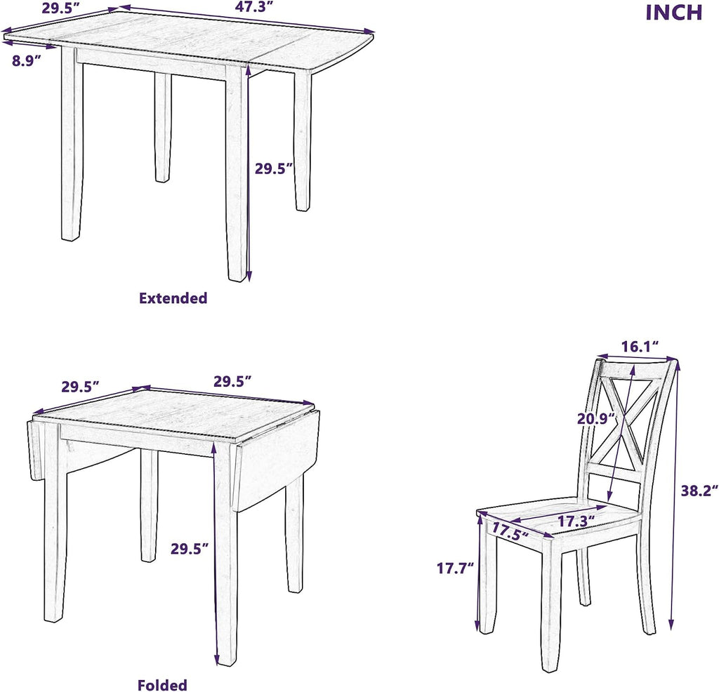 LUMISOL Farmhouse 3-Piece Drop Leaf Dining Table Set with 2 X-Back Chairs, Space-Saving Wood Table and 2 Chairs, Extendable Kitchen Table Set, Walnut