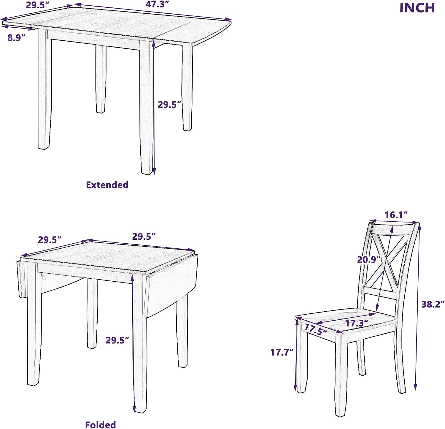 LUMISOL Farmhouse 3-Piece Drop Leaf Dining Table Set with 2 X-Back Chairs, Space-Saving Wood Table and 2 Chairs, Extendable Kitchen Table Set, Walnut