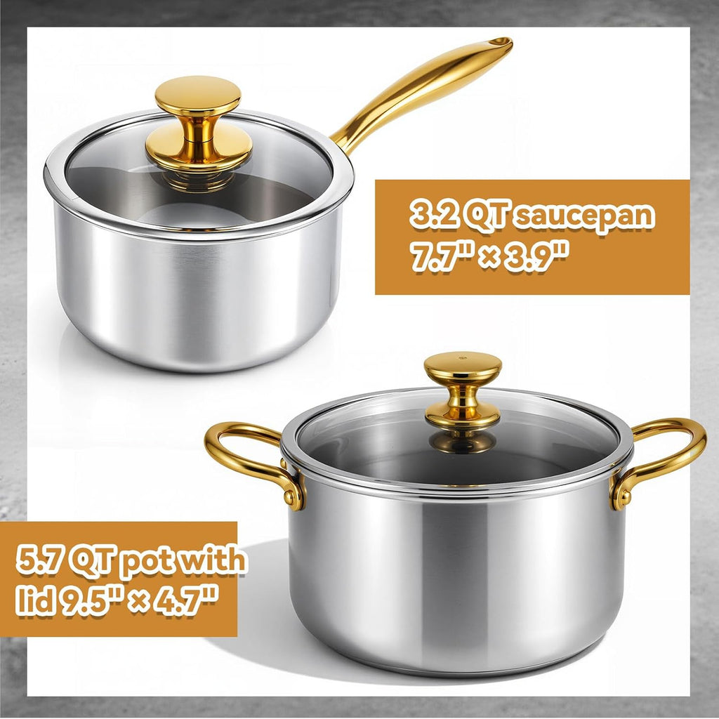 LemonRoad 2 Pieces Titanium Cookware Set, 7.68'' and 9.45'' Pots and Pans with Lids Triply Titanium No Coat Technology Safe for Oven, Induction and Cook Tops, Dishwasher Safe (Saucepans)