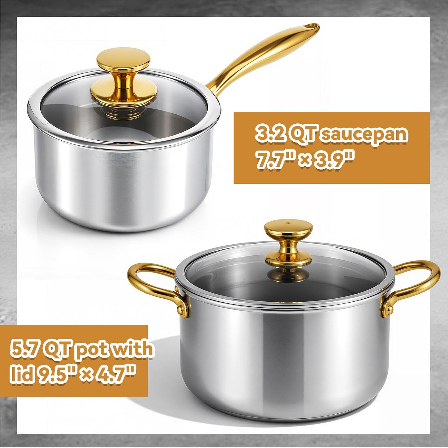 LemonRoad 2 Pieces Titanium Cookware Set, 7.68'' and 9.45'' Pots and Pans with Lids Triply Titanium No Coat Technology Safe for Oven, Induction and Cook Tops, Dishwasher Safe (Saucepans)