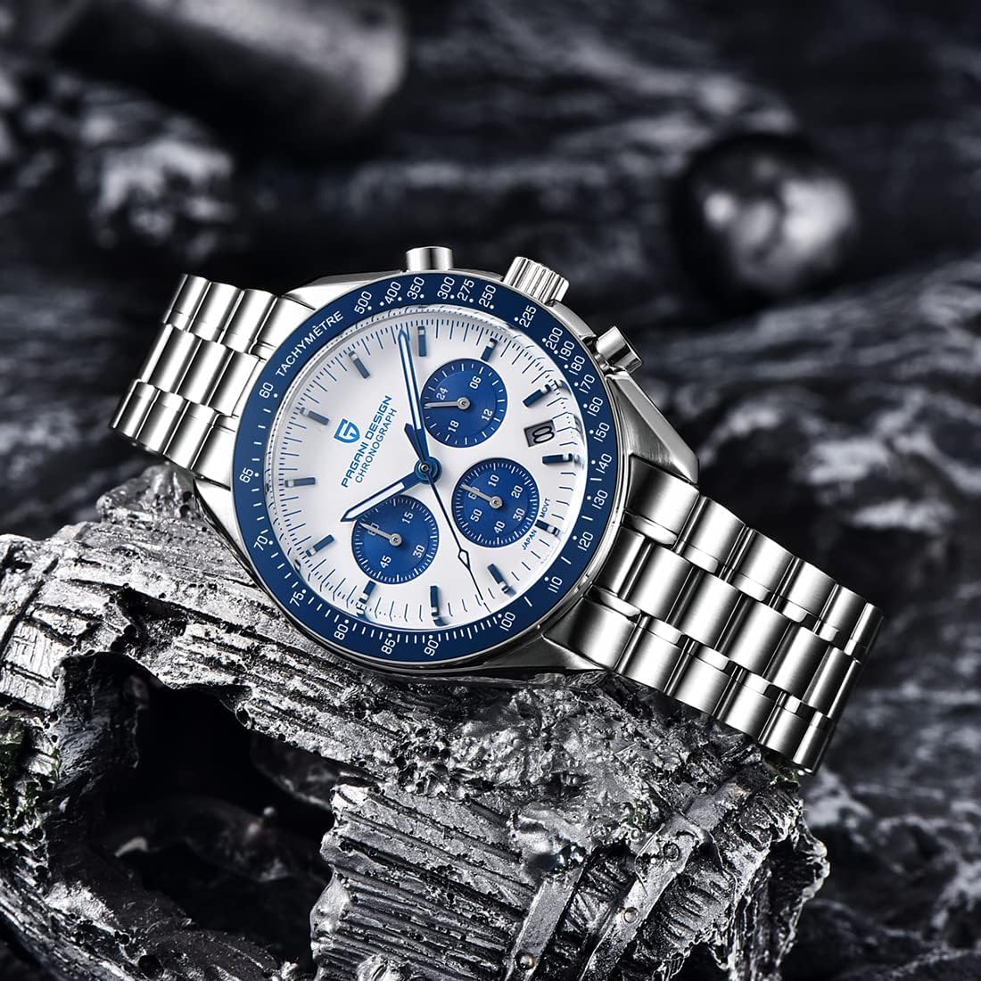 Pagani Design 1701 Men's Watch, Chronograph, VK63 Japanese Quartz Movement, Stainless Steel Bracelet, Water Resistant to 330 Feet (100 Meters), Sapphire Glass Wristwatch.